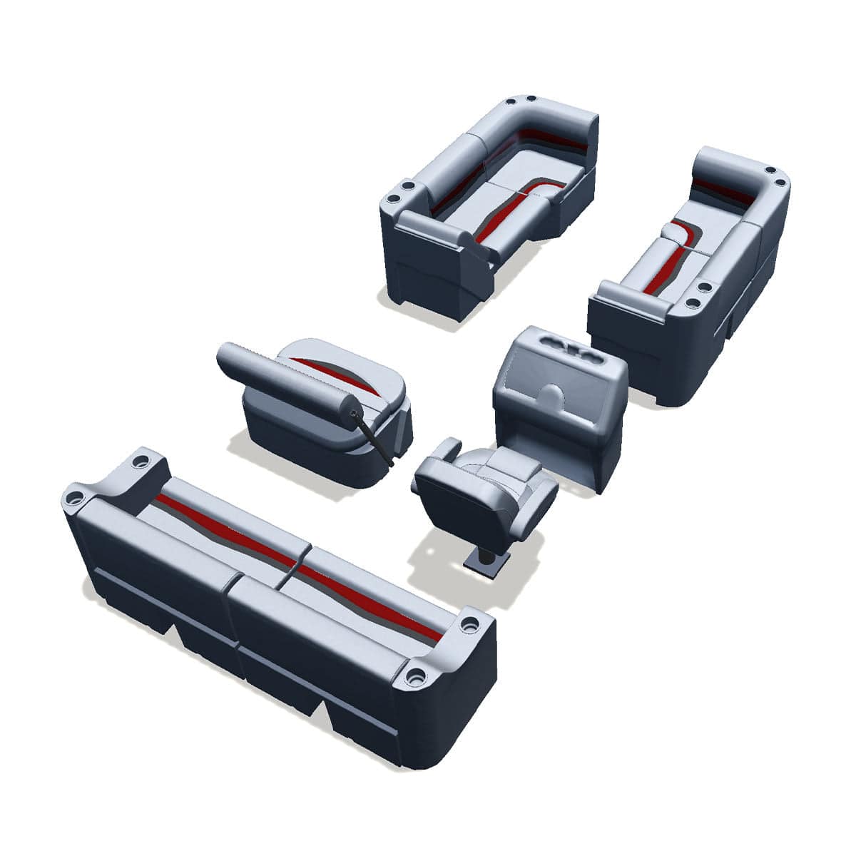 Side entry midship flip flop pontoon seat package with bow double bench lean back seats and corner seats back #color_gray, red & charcoal