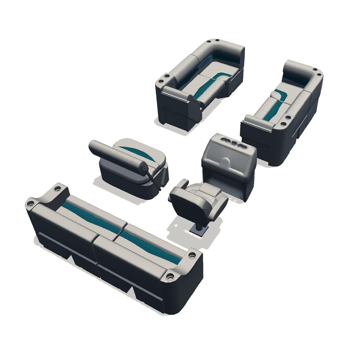 Side entry midship flip flop pontoon seat package with bow double bench lean back seats and corner seats back #color_ivory & teal