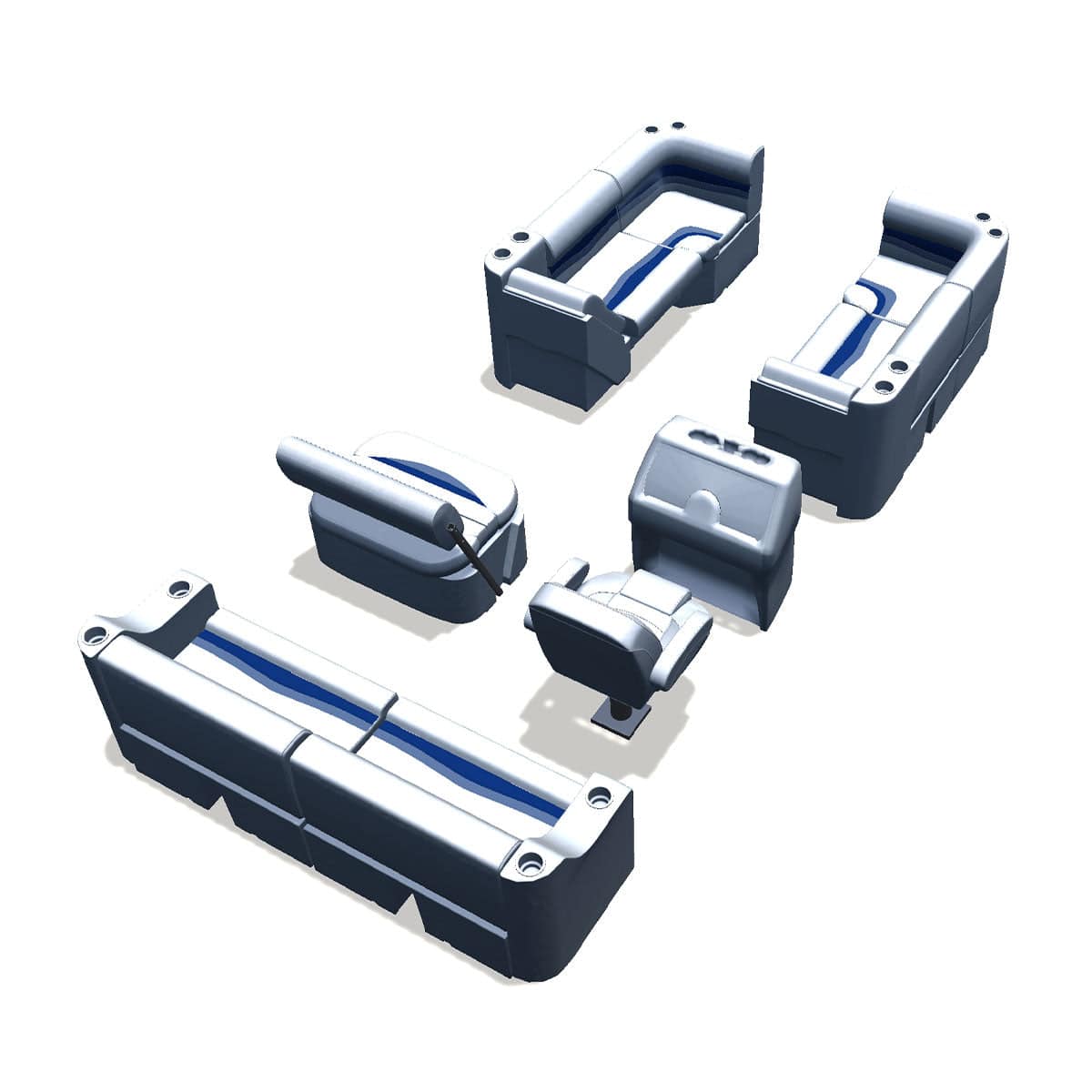 Side entry midship flip flop pontoon seat package with bow double bench lean back seats and corner seats back #color_white, blue & light blue
