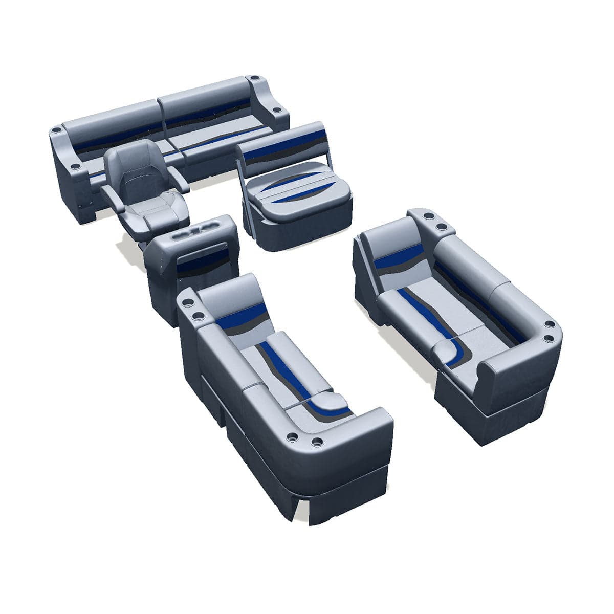 Side entry midship flip flop pontoon seat package with bow double bench lean back seats and corner seats #color_gray, blue & charcoal