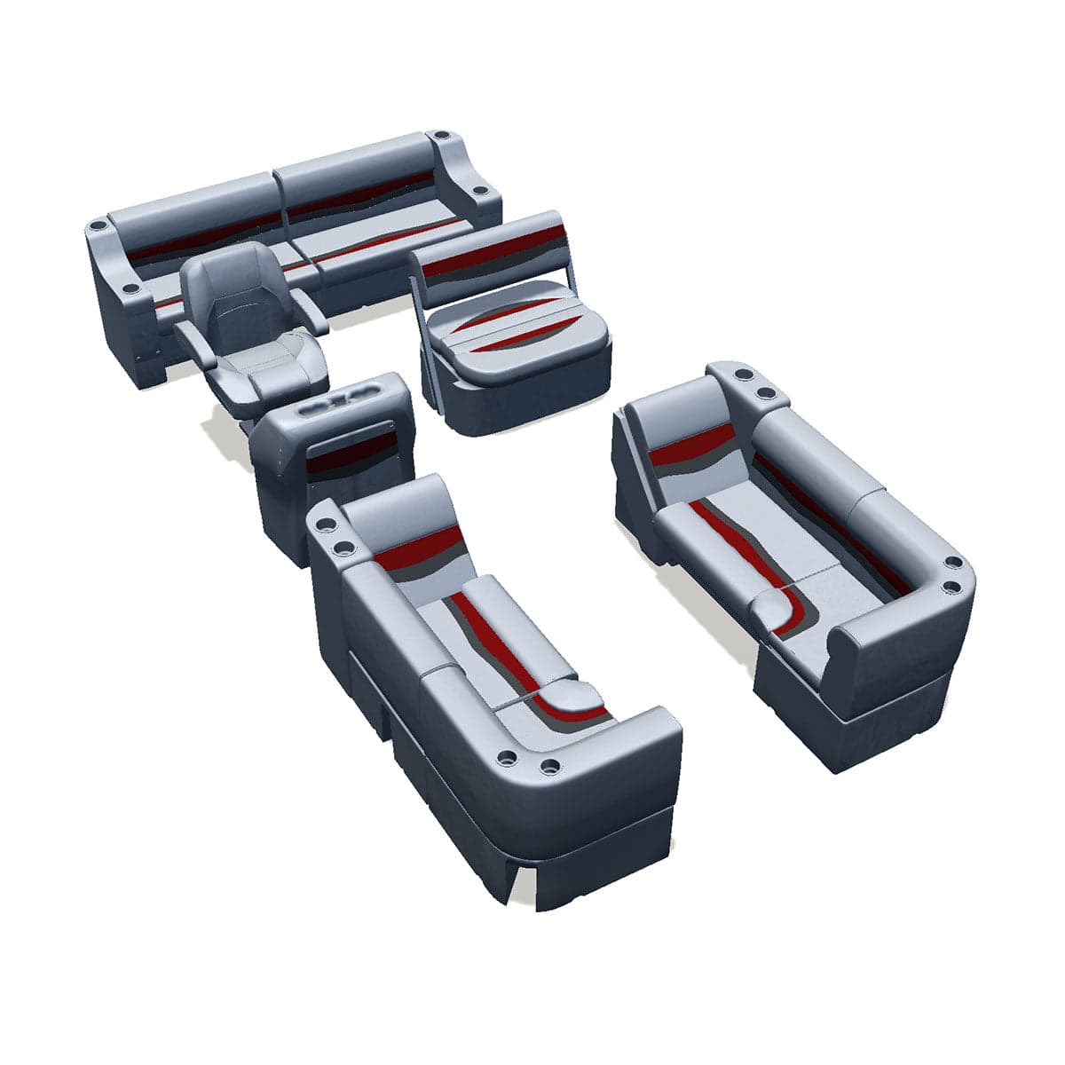 Side entry midship flip flop pontoon seat package with bow double bench lean back seats and corner seats #color_gray, red & charcoal