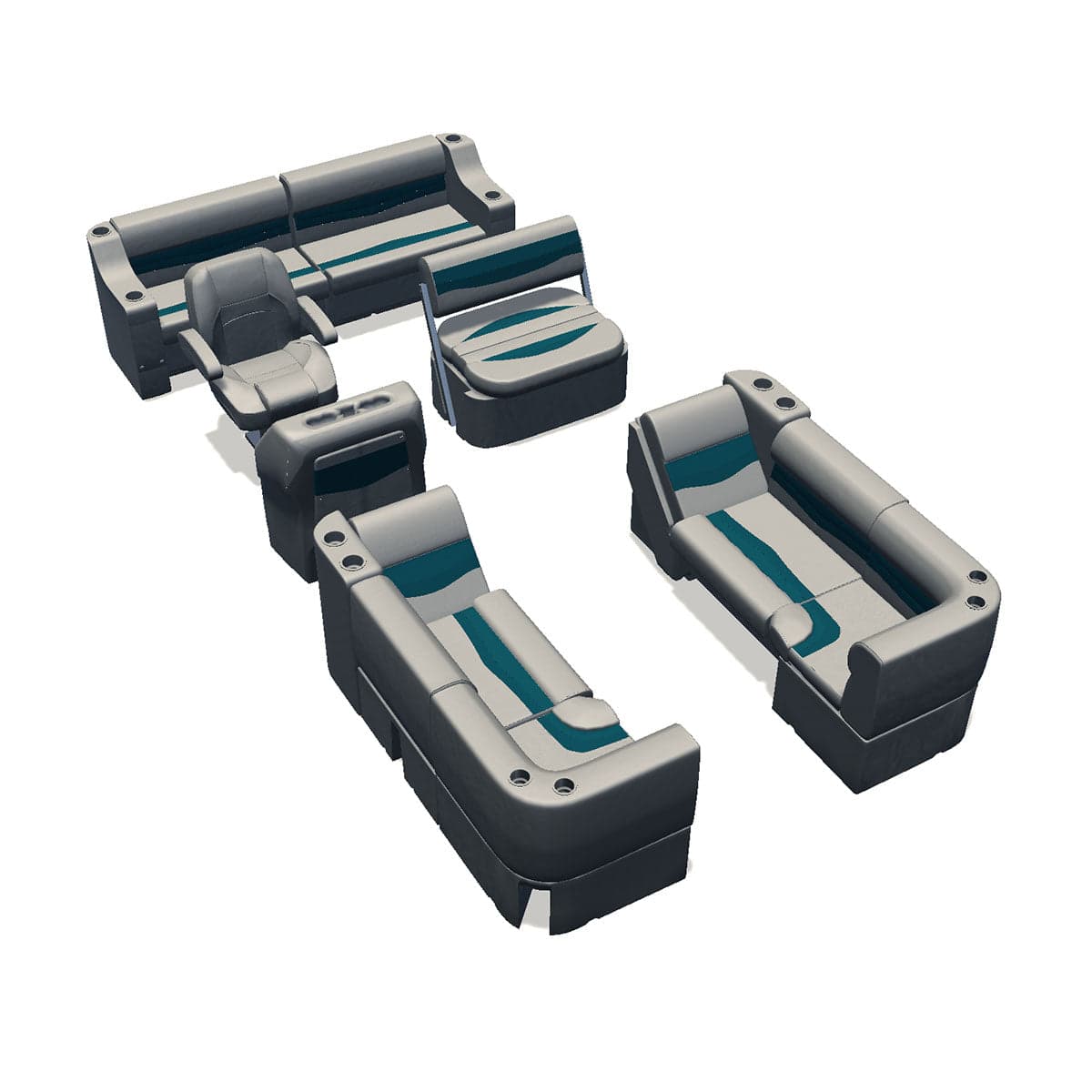 Side entry midship flip flop pontoon seat package with bow double bench lean back seats and corner seats #color_ivory & teal