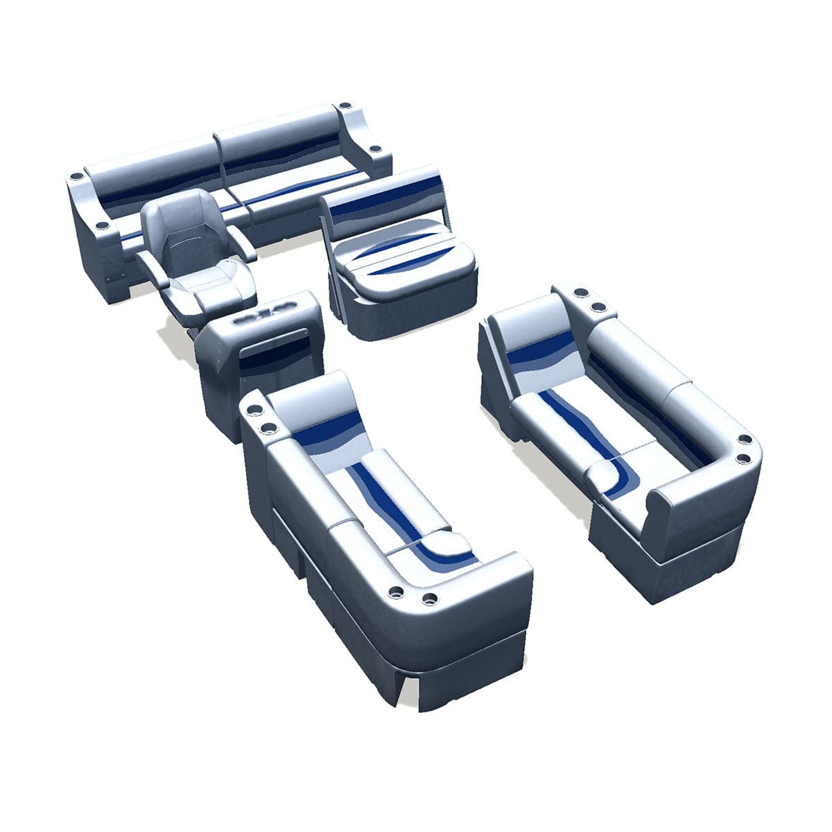 Side entry midship flip flop pontoon seat package with bow double bench lean back seats and corner seats #color_white, blue & light blue