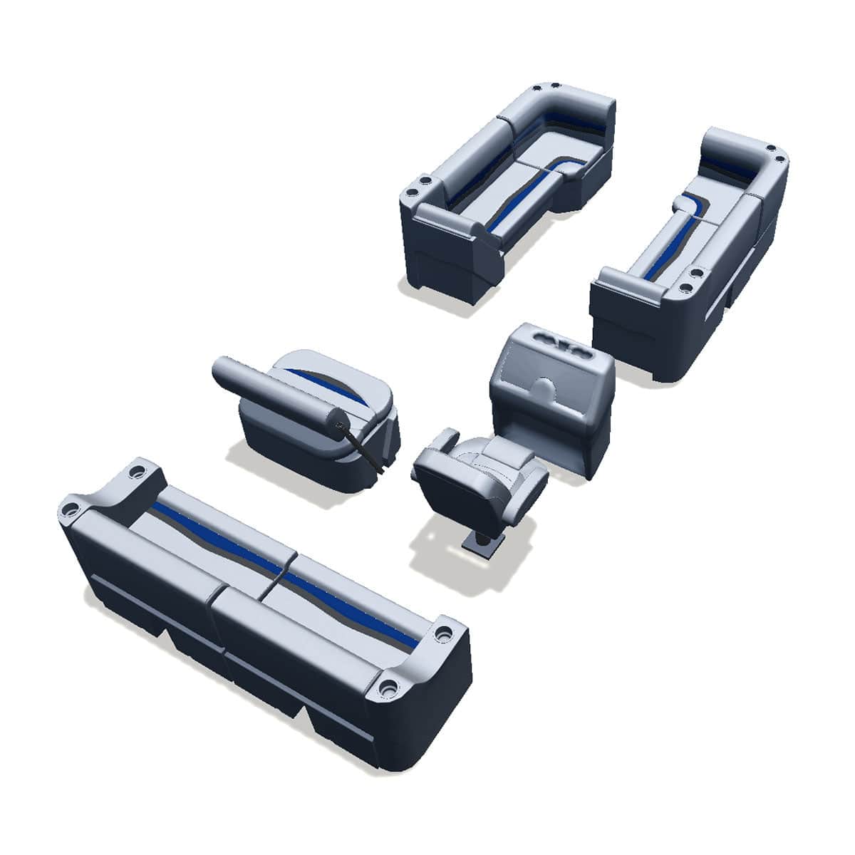 Side entry midship flip flop pontoon seat package with lean back bow double bench and corner seats back #color_gray, blue & charcoal