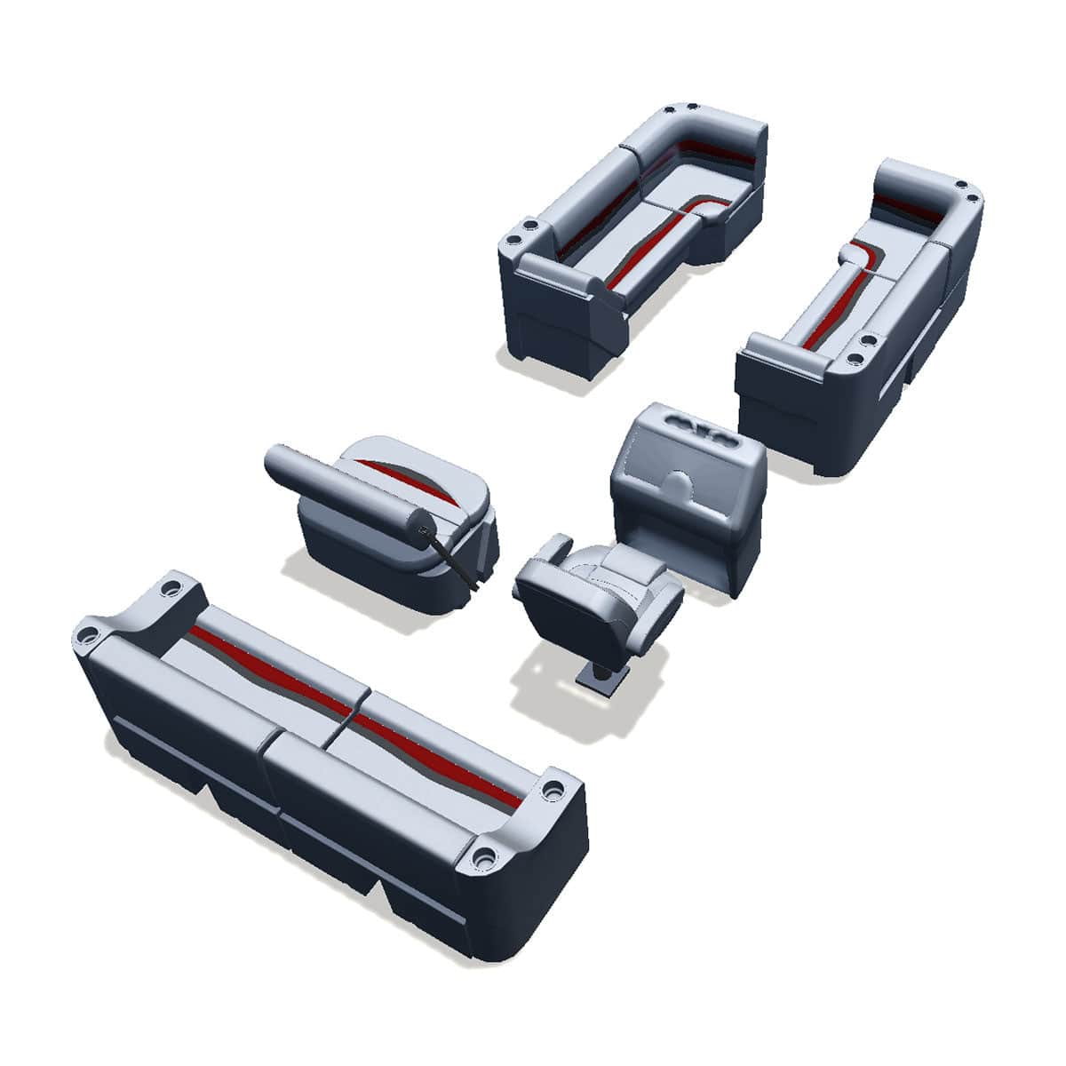 Side entry midship flip flop pontoon seat package with lean back bow double bench and corner seats back #color_gray, red & charcoal