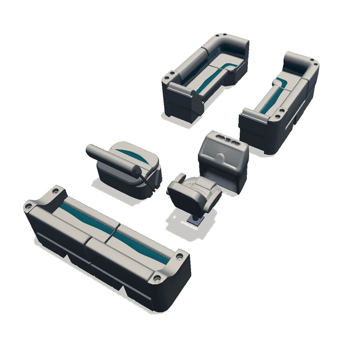 Side entry midship flip flop pontoon seat package with lean back bow double bench and corner seats back #color_ivory & teal