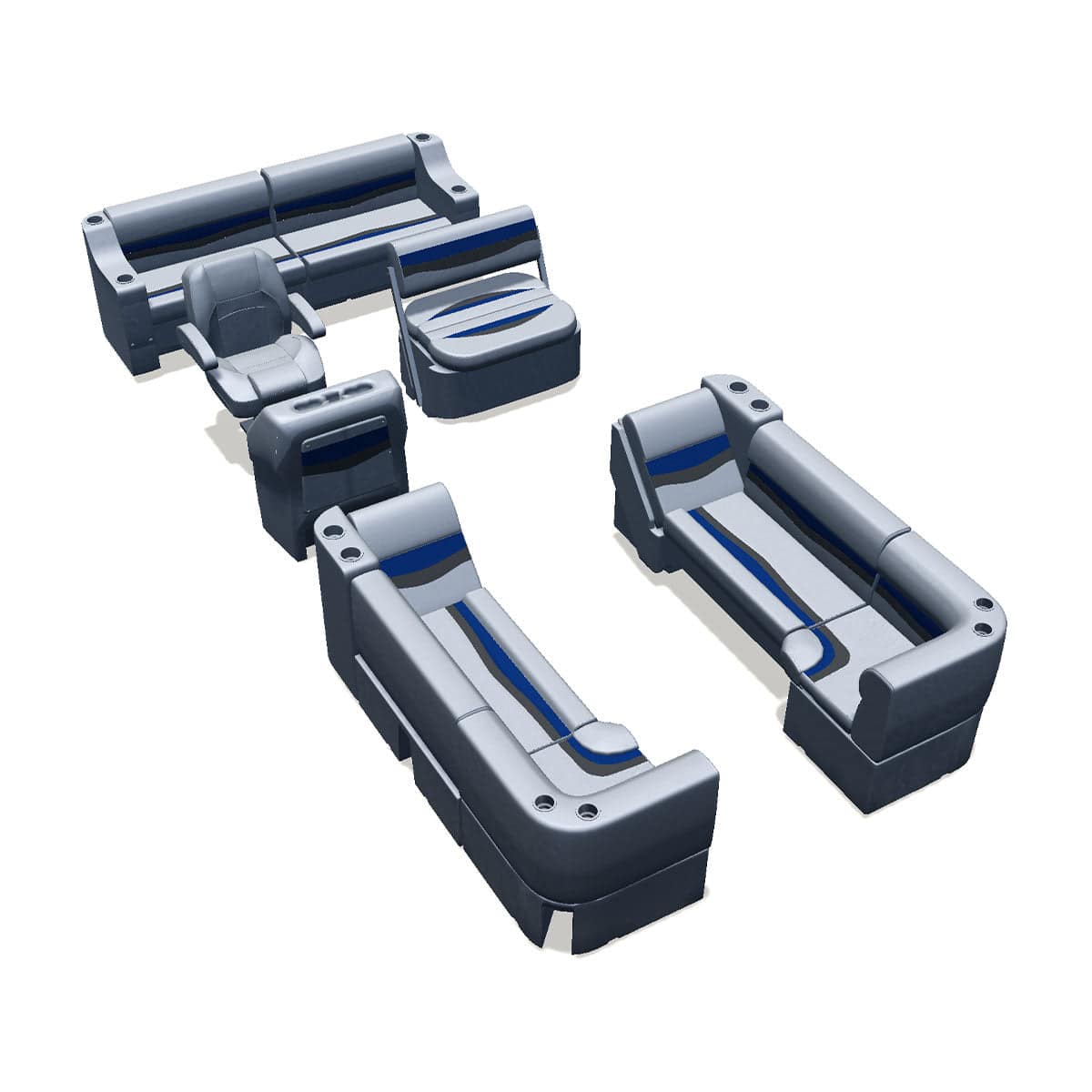 Side entry midship flip flop pontoon seat package with lean back bow double bench and corner seats #color_gray, blue & charcoal