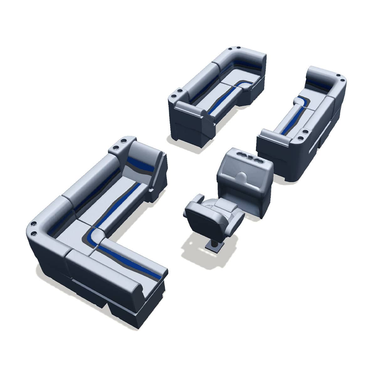 Stern entry pontoon seat package with lean back bow double bench and corner seats back #color_gray, blue & charcoal