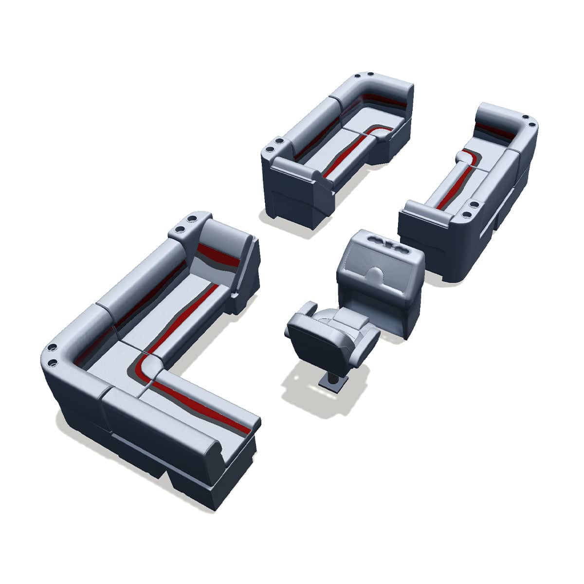 Stern entry pontoon seat package with lean back bow double bench and corner seats back #color_gray, red & charcoal