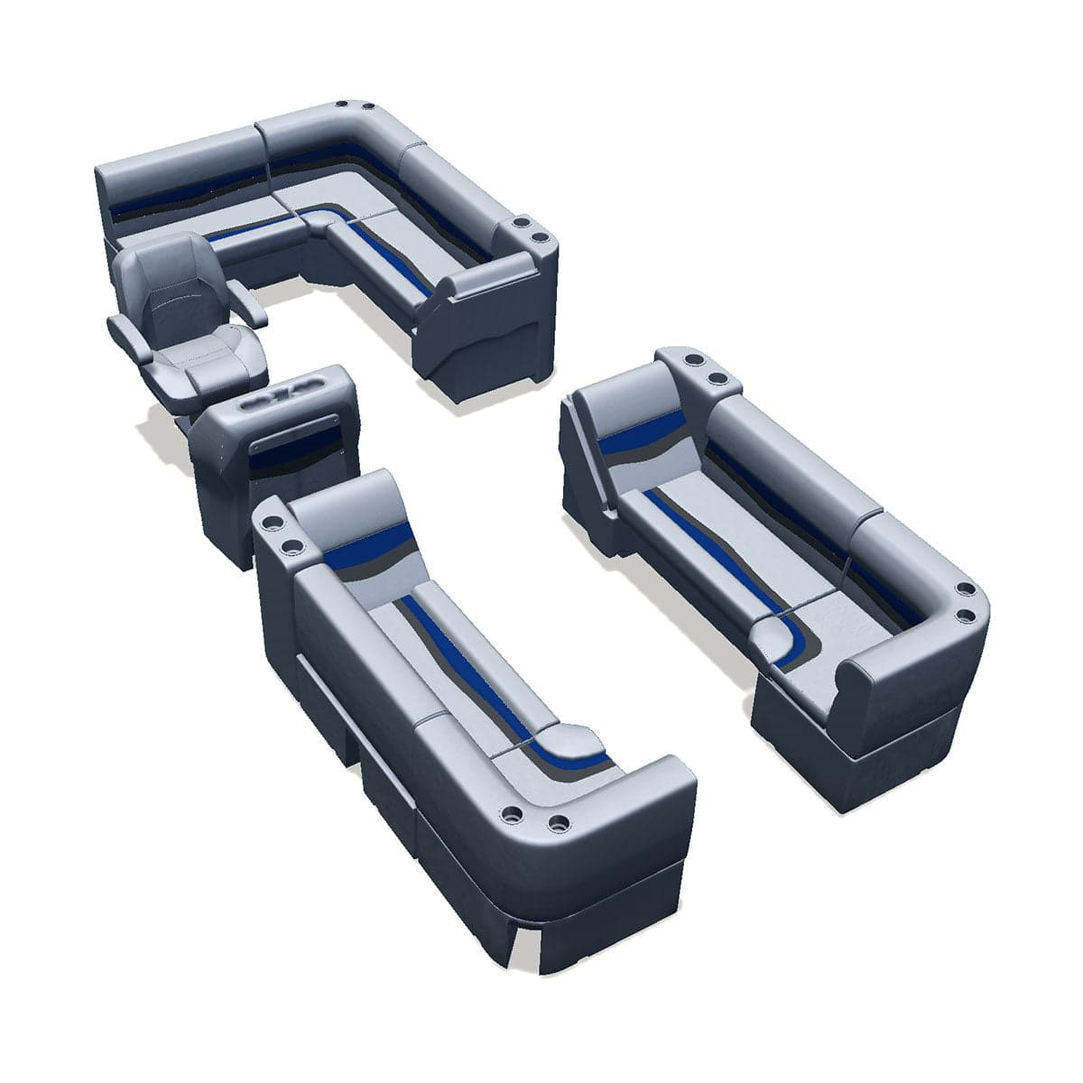 Stern entry pontoon seat package with lean back bow double bench and corner seats #color_gray, blue & charcoal