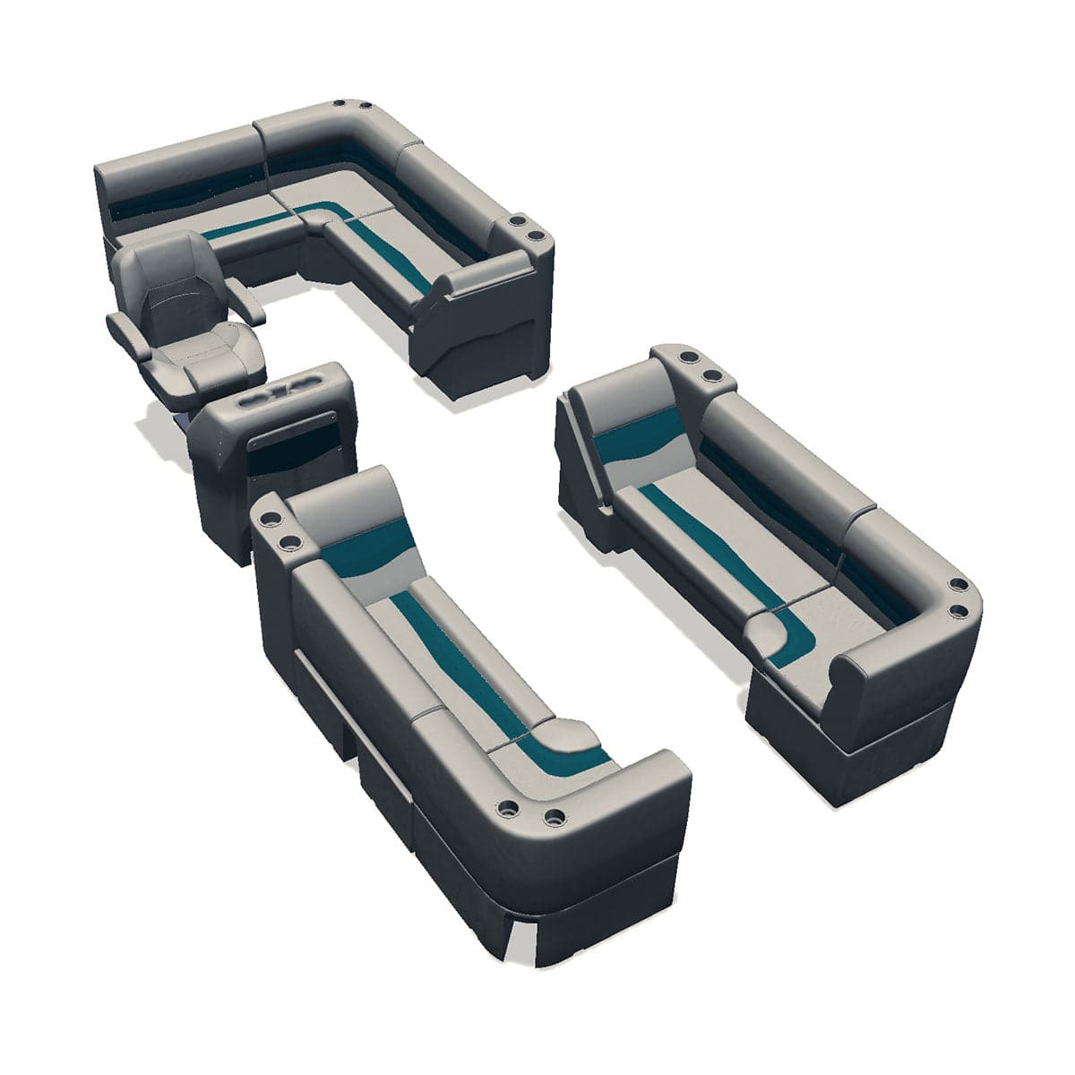 Stern entry pontoon seat package with lean back bow double bench and corner seats #color_ivory & teal