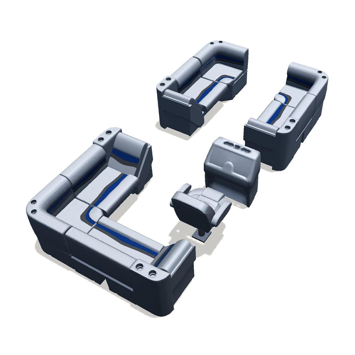 Side entry aft L-bench pontoon seat package with lean back bow double bench and corner seats back #color_gray, blue & charcoal