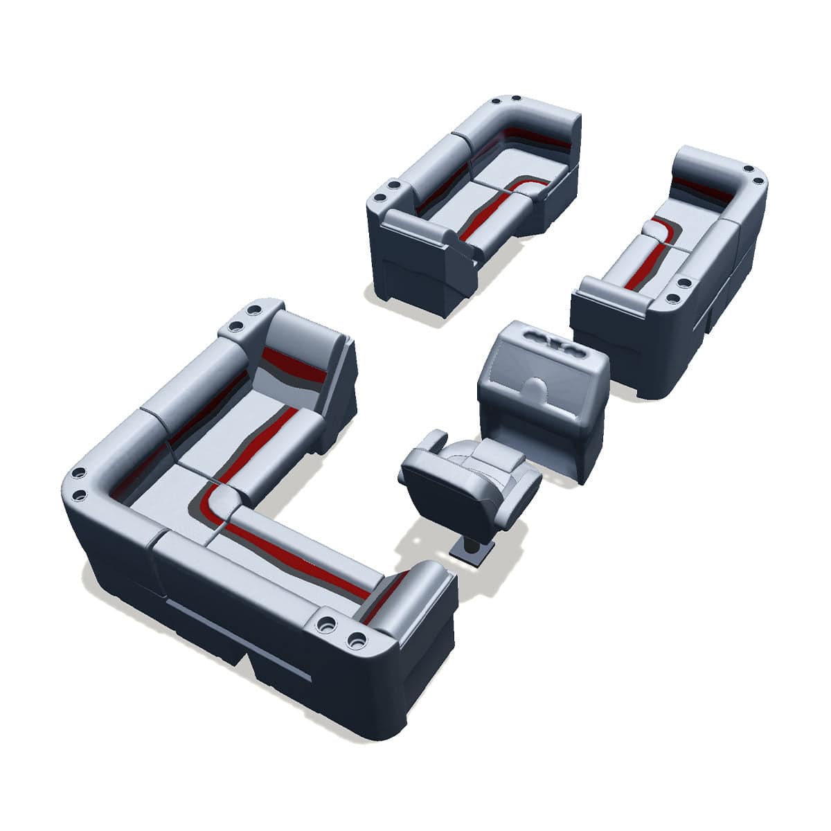 Side entry aft L-bench pontoon seat package with lean back bow double bench and corner seats back #color_gray, red & charcoal