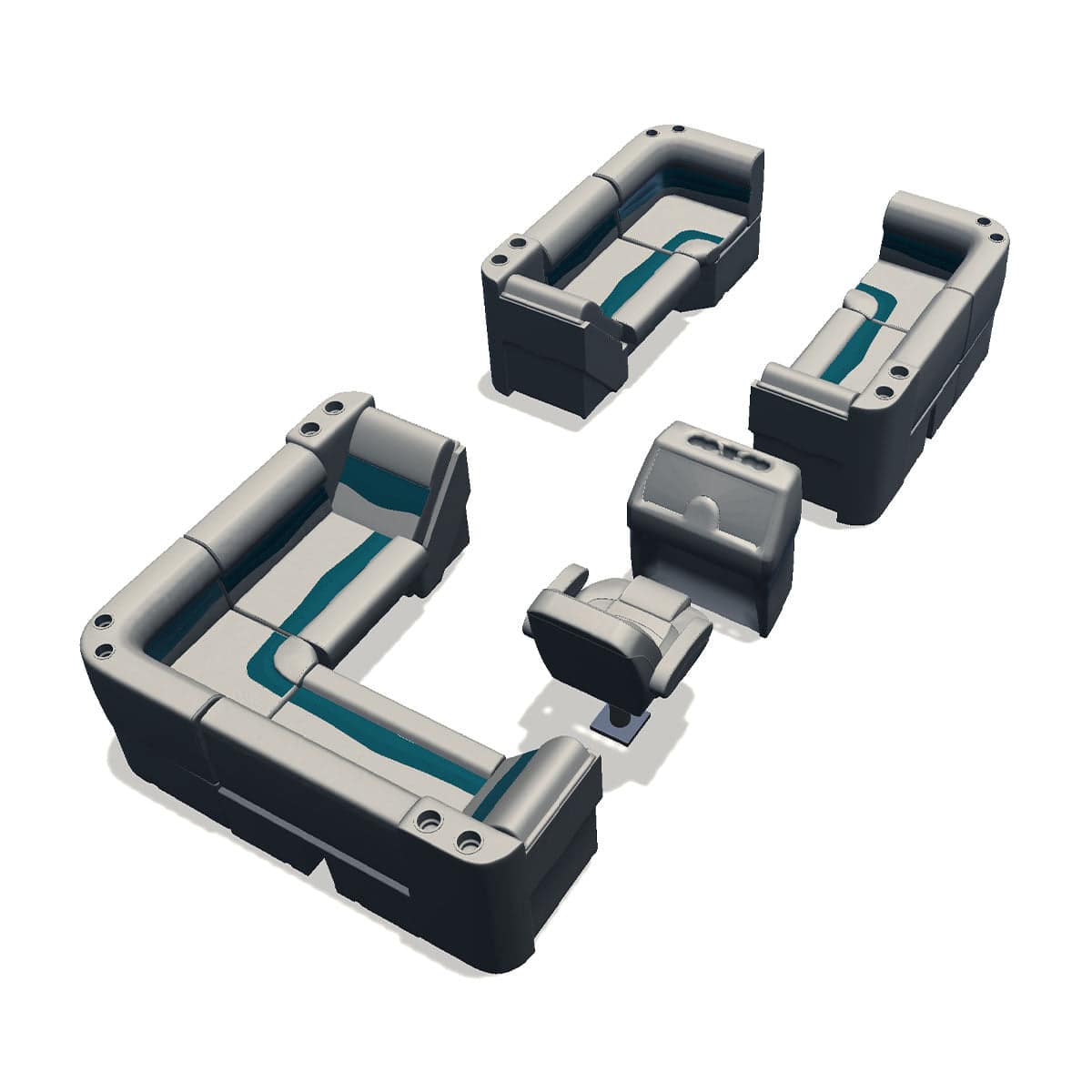 Side entry aft L-bench pontoon seat package with lean back bow double bench and corner seats back #color_ivory & teal