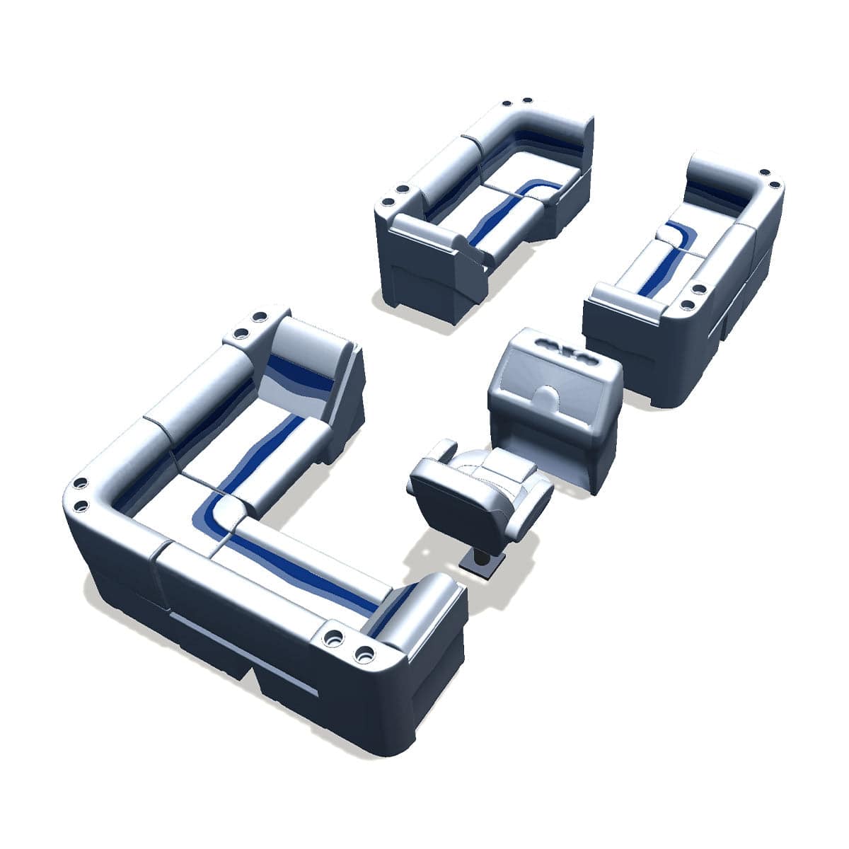 Side entry aft L-bench pontoon seat package with lean back bow double bench and corner seats back #color_white, blue & light blue