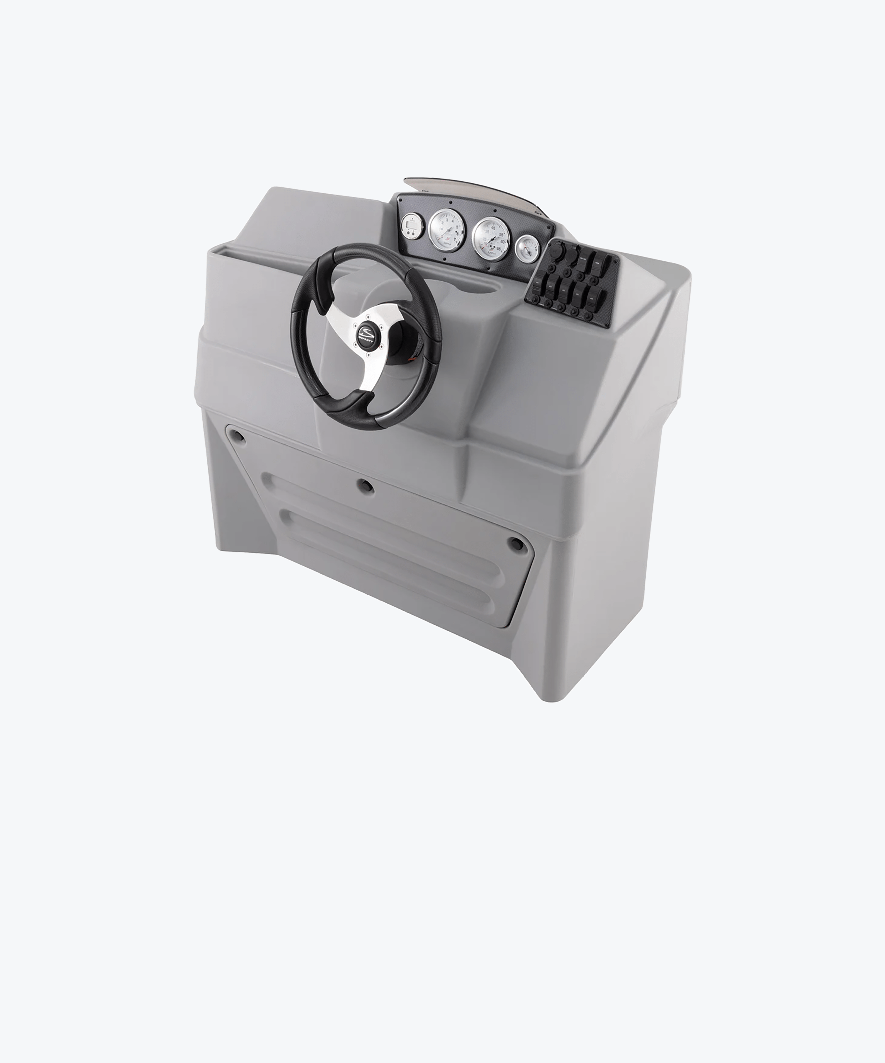 Gray pontoon console with carbon fiber steering wheel, gauges, and switch panel