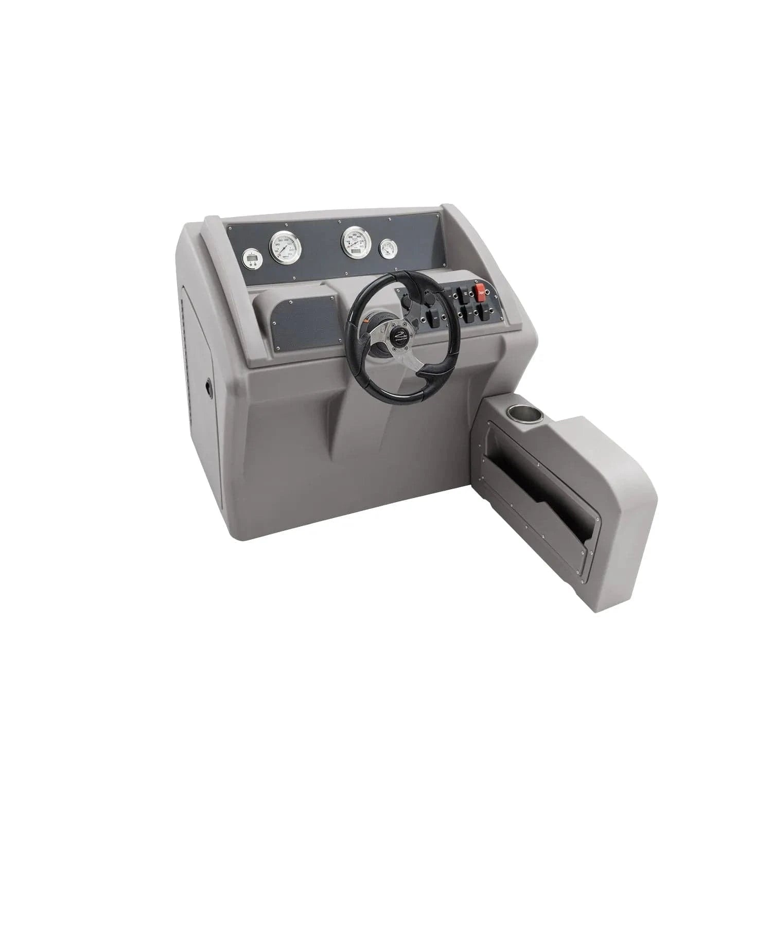 Pontoon Boat Gray Console with Gauges, Switches, and a steering wheel