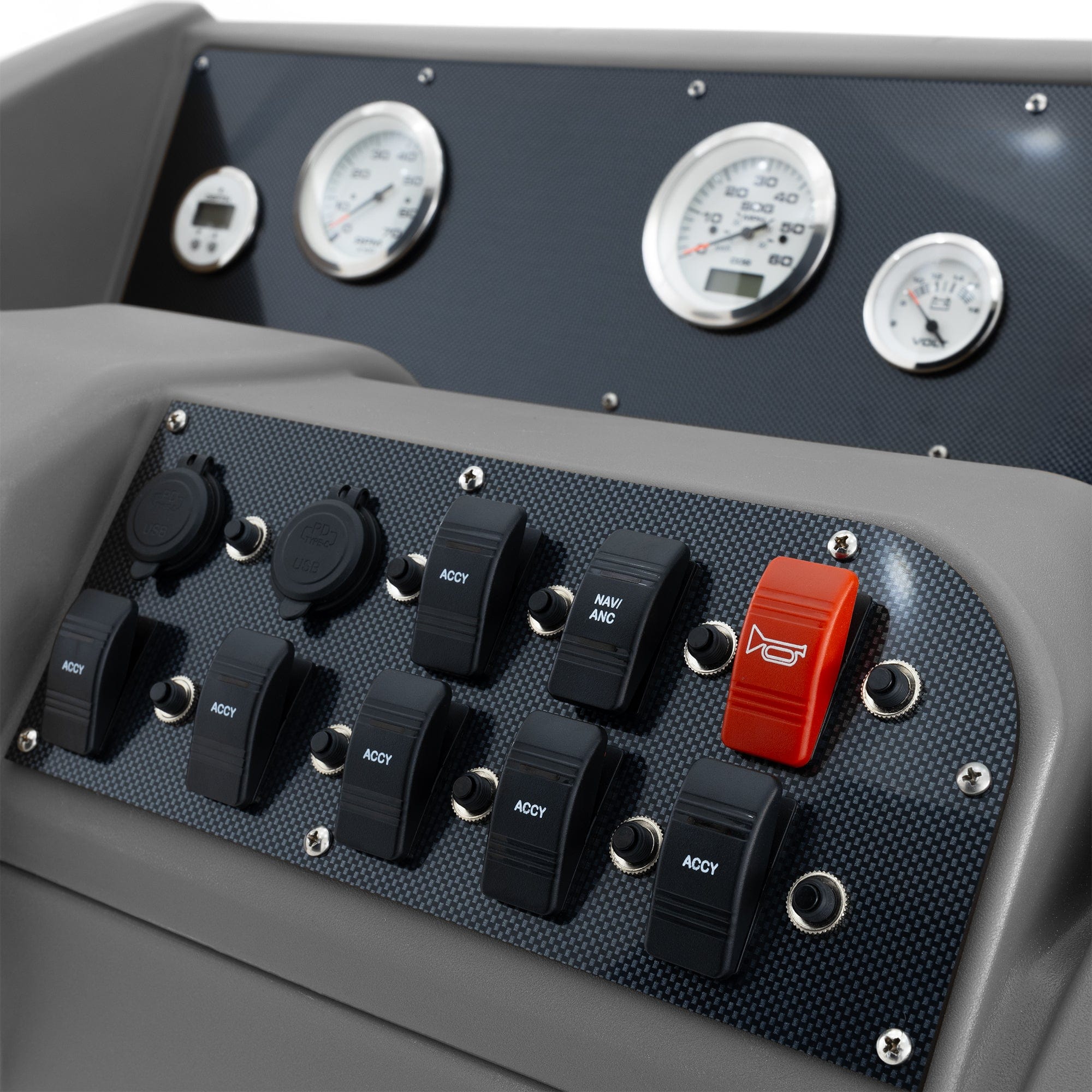 Up Close Carbon Fiber Detail Gauge and Switch Panel #color_gray