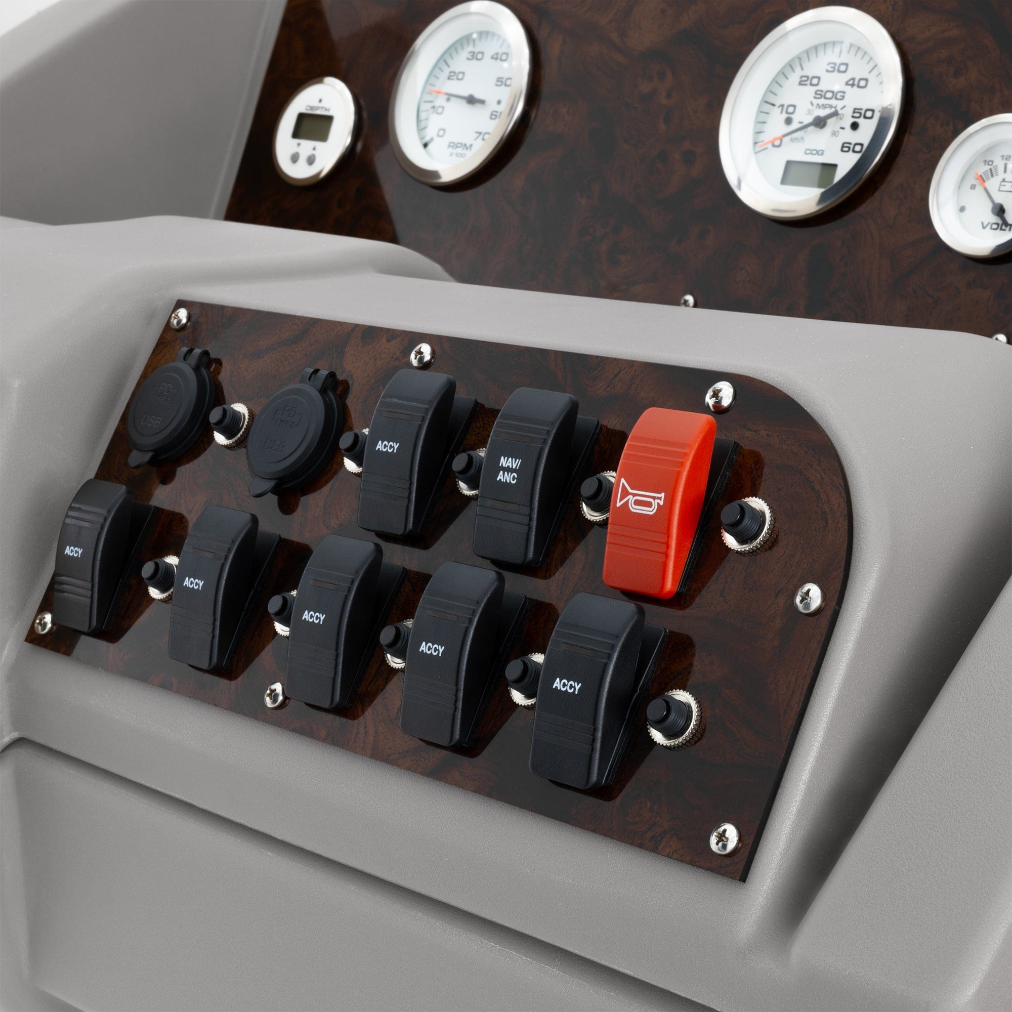 Up Close Burlwood Detail Gauge and Switch Panel #color_gray
