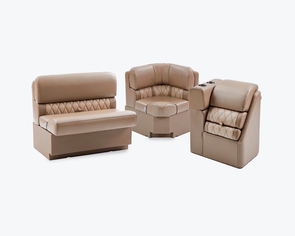 Pontoon boat seat luxury collection beige with corner, bench, and lean back seats
