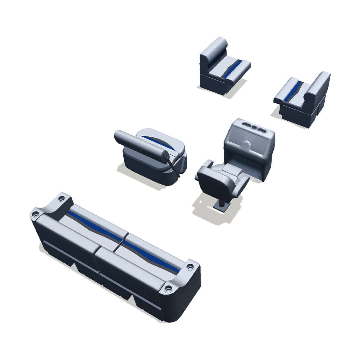 Side entry midship flip flop pontoon seat package with bow double bench back #color_gray, blue & charcoal
