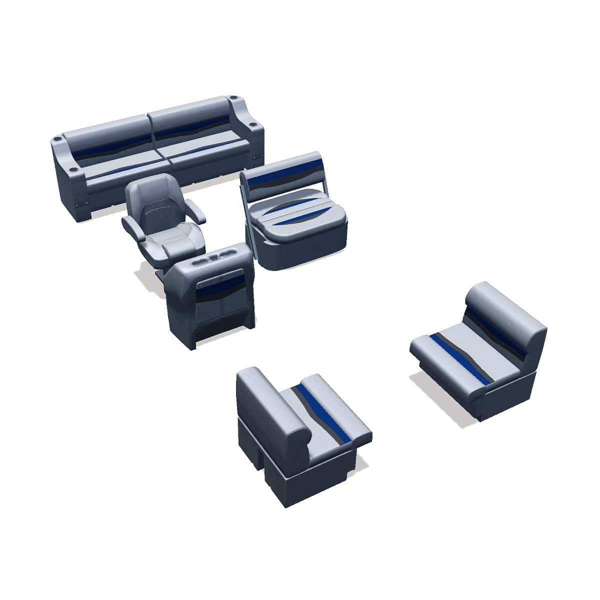 Side entry midship flip flop pontoon seat package with bow double bench #color_gray, blue & charcoal