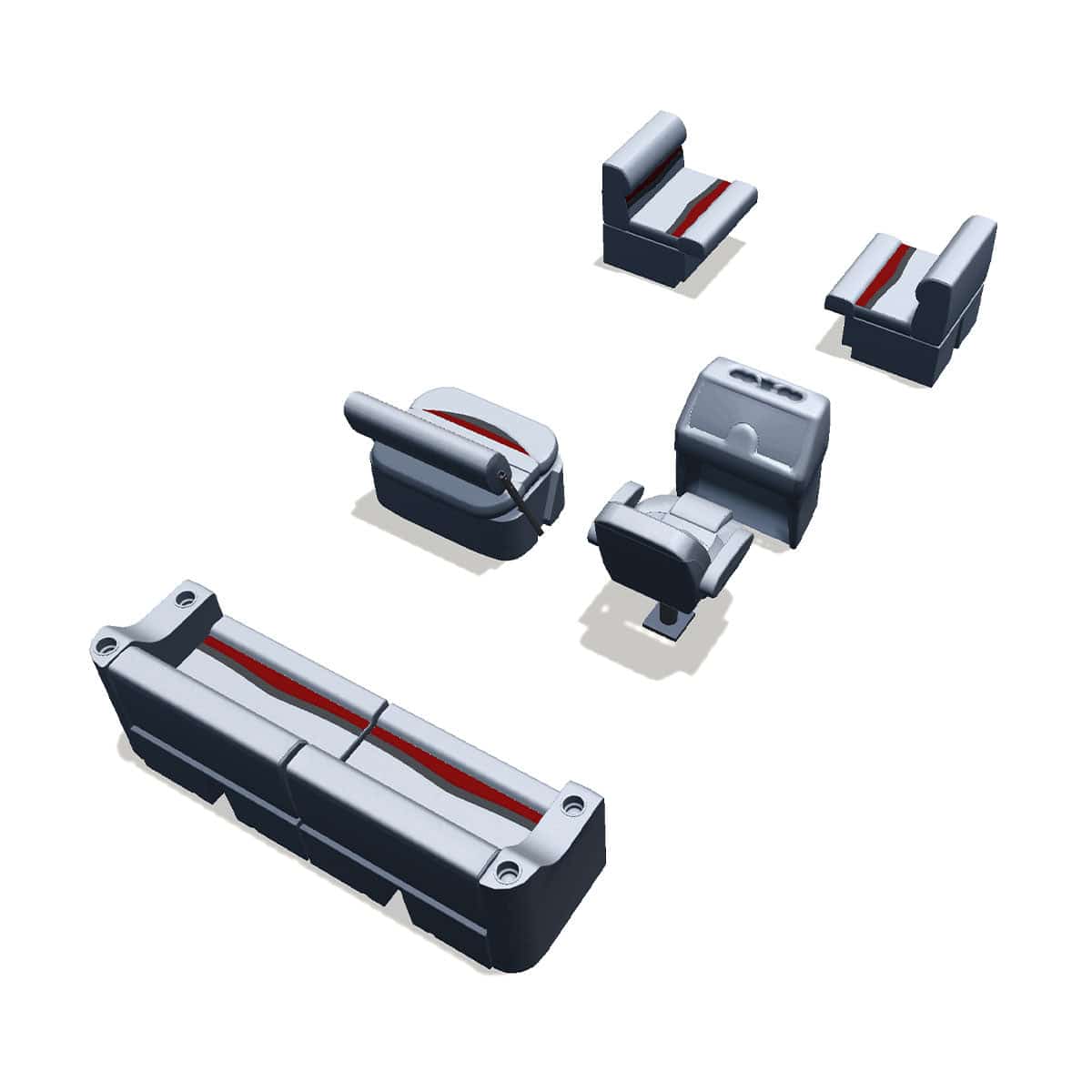 Side entry midship flip flop pontoon seat package with bow double bench back #color_gray, red & charcoal