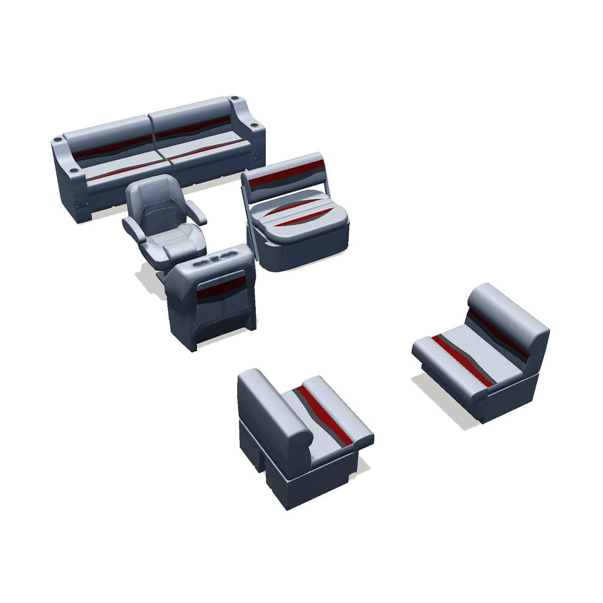 Side entry midship flip flop pontoon seat package with bow double bench #color_gray, red & charcoal