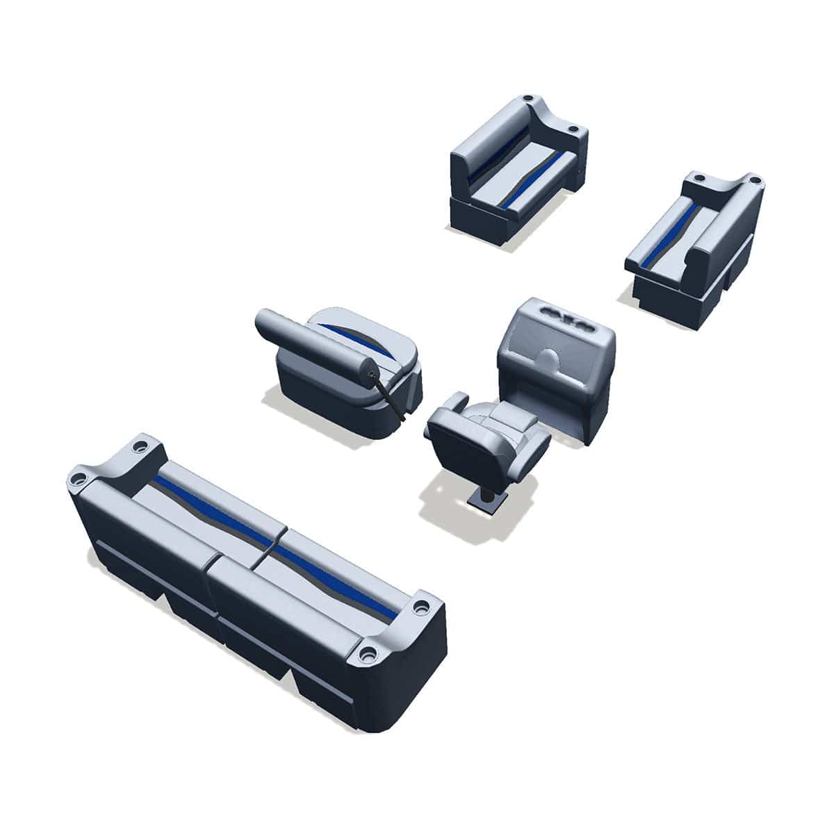 Side entry midship flip flop pontoon seat package with cupholder bow double bench seats back #color_gray, blue & charcoal