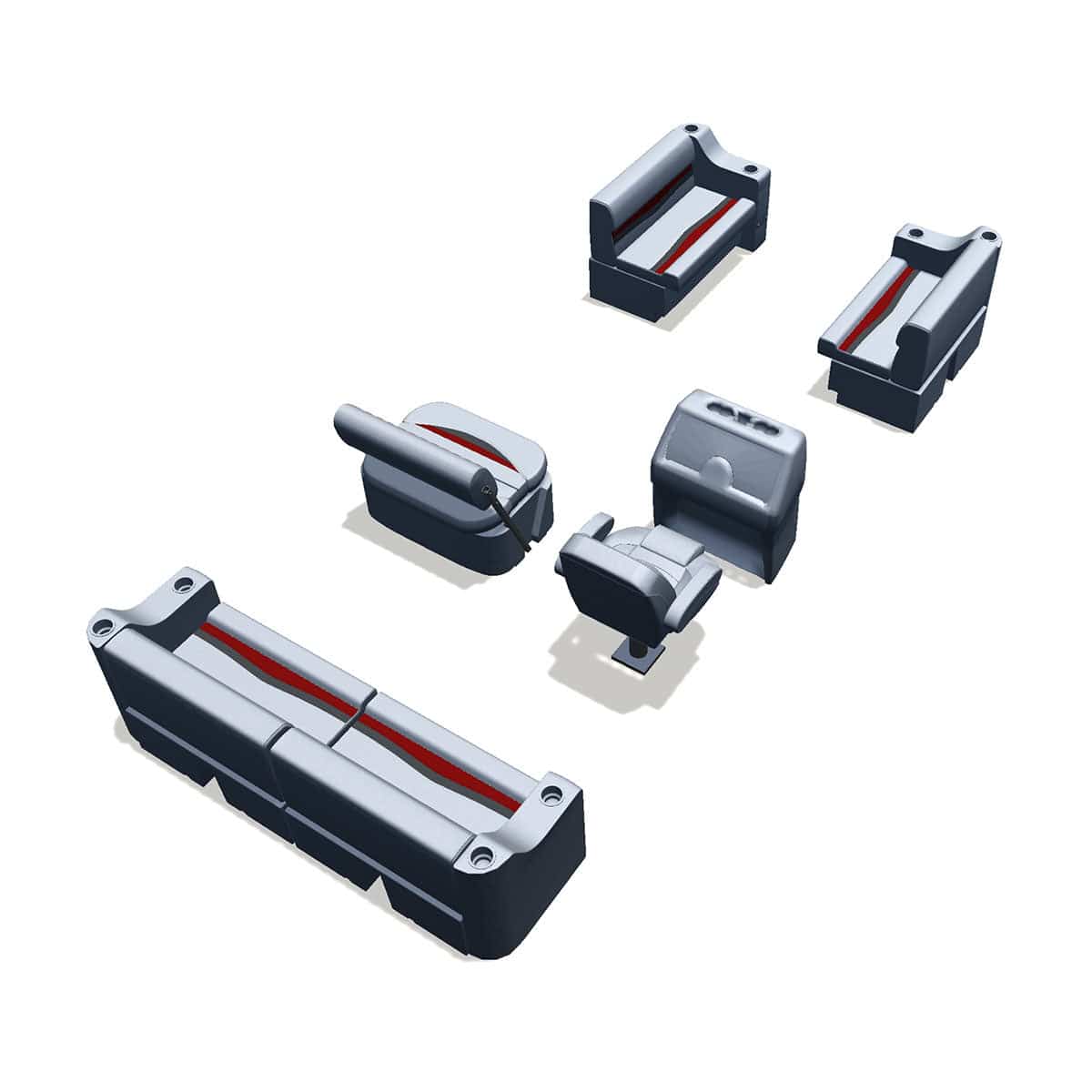 Side entry midship flip flop pontoon seat package with cupholder bow double bench seats back #color_gray, red & charcoal