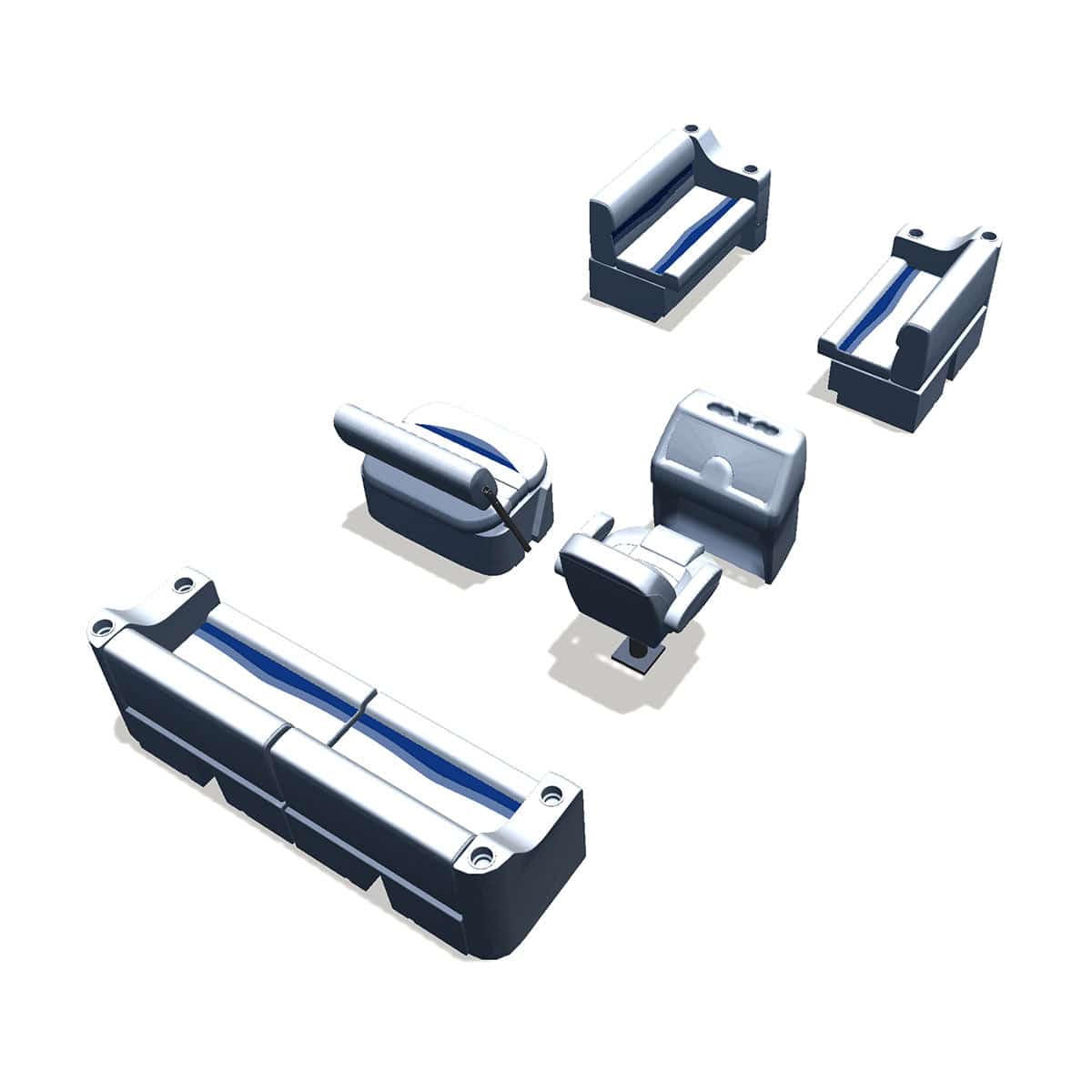 Side entry midship flip flop pontoon seat package with cupholder bow double bench seats back #color_white, blue & light blue