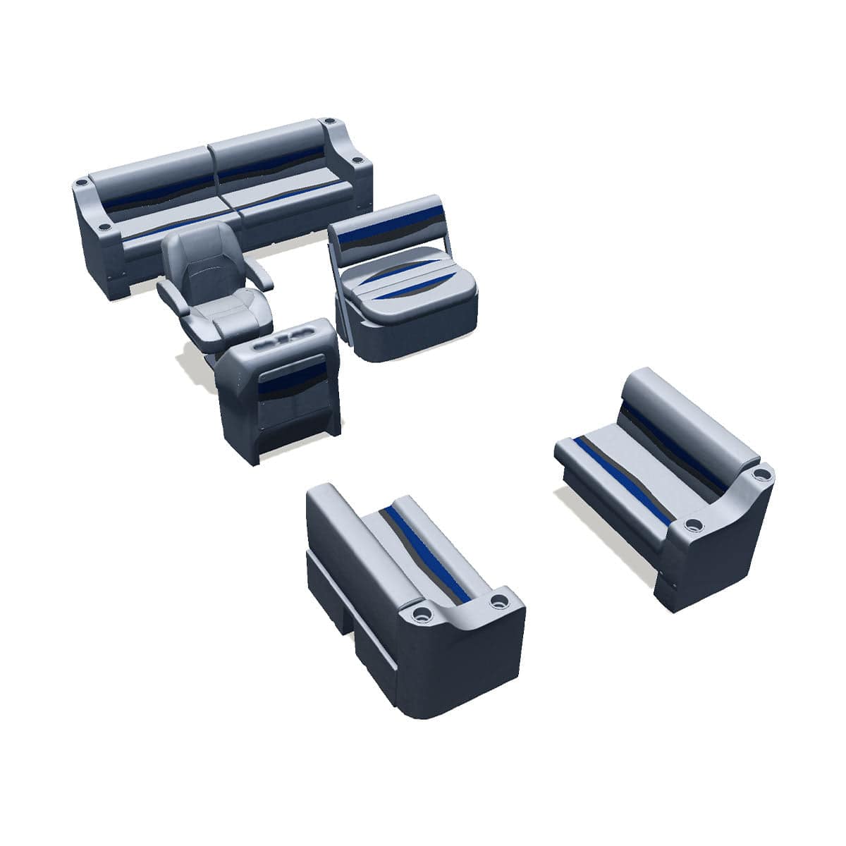 Side entry midship flip flop pontoon seat package with cupholder bow double bench seats #color_gray, blue & charcoal