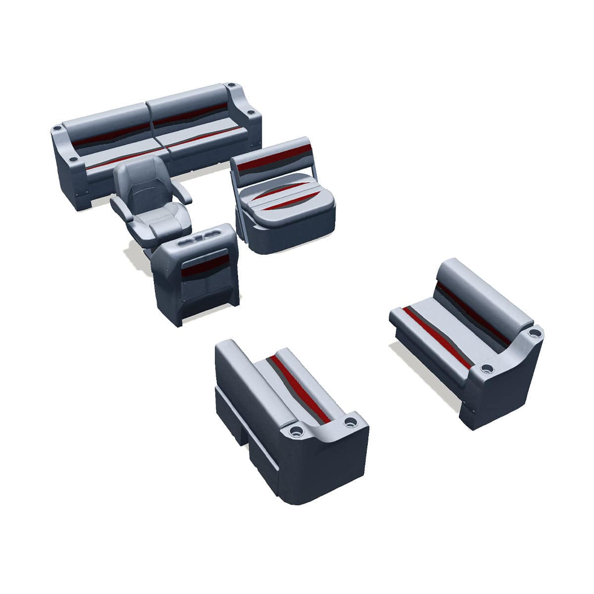 Side entry midship flip flop pontoon seat package with cupholder bow double bench seats #color_gray, red & charcoal