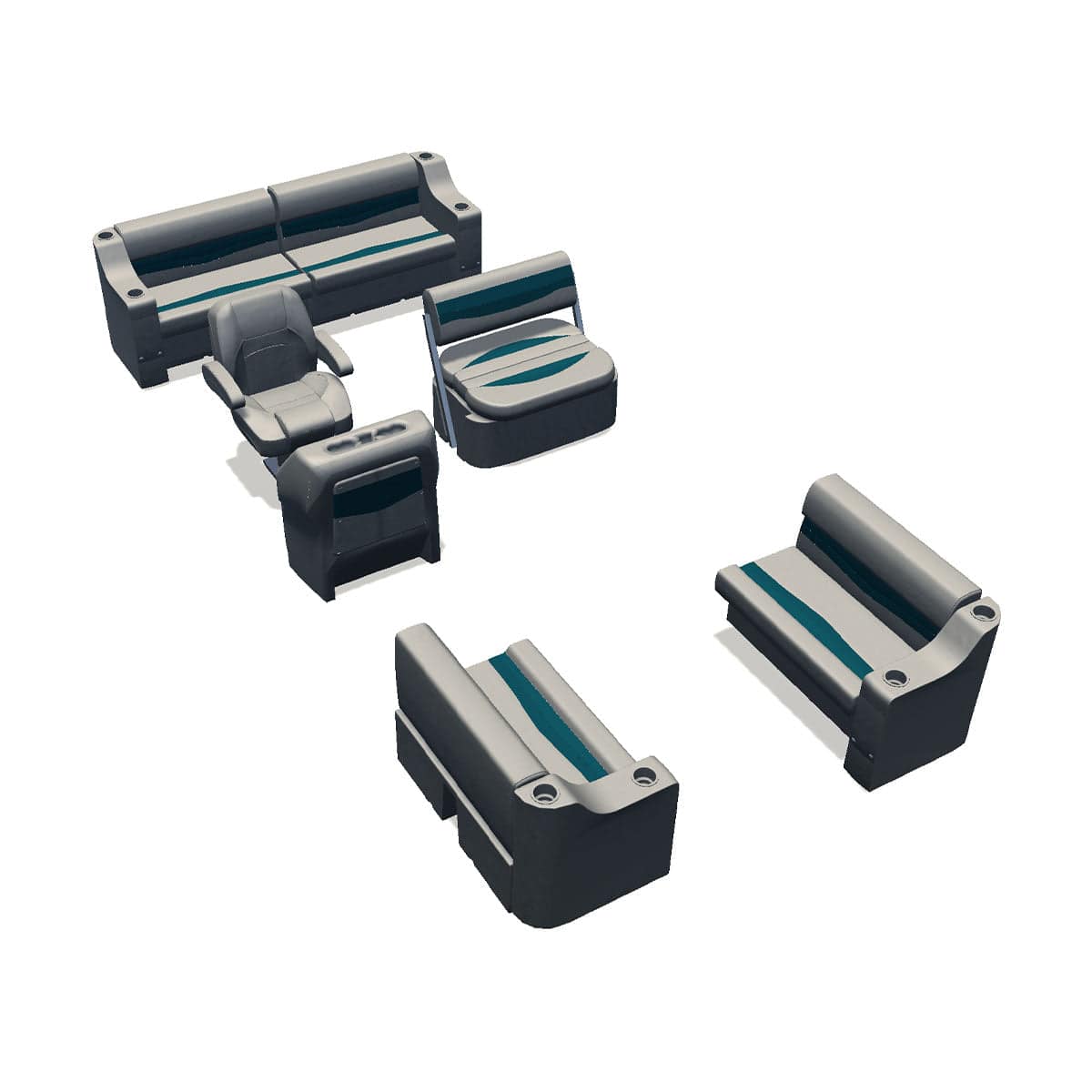 Side entry midship flip flop pontoon seat package with cupholder bow double bench seats #color_ivory & teal
