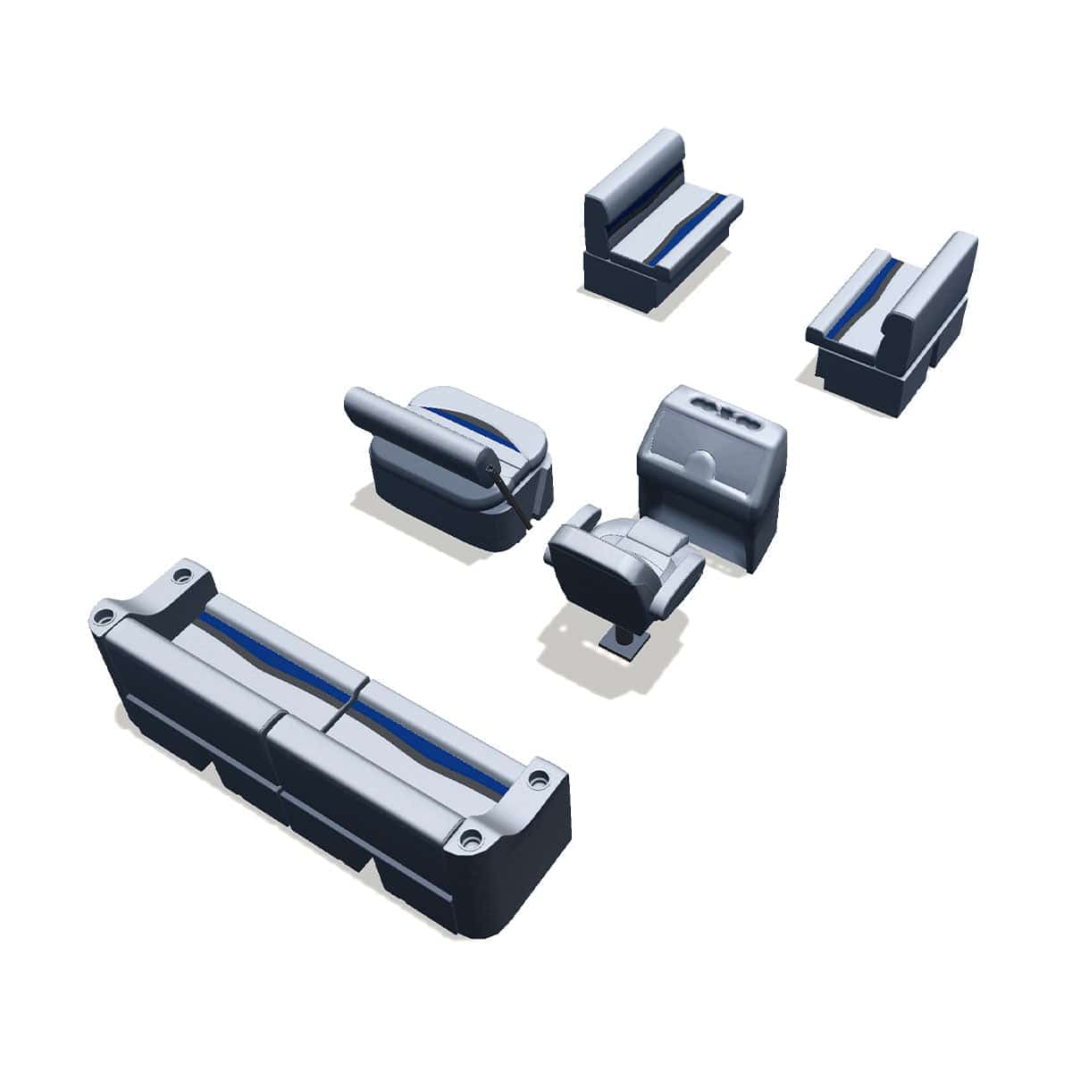 Side entry midship flip flop pontoon seat package with bow double bench back #color_gray, blue & charcoal