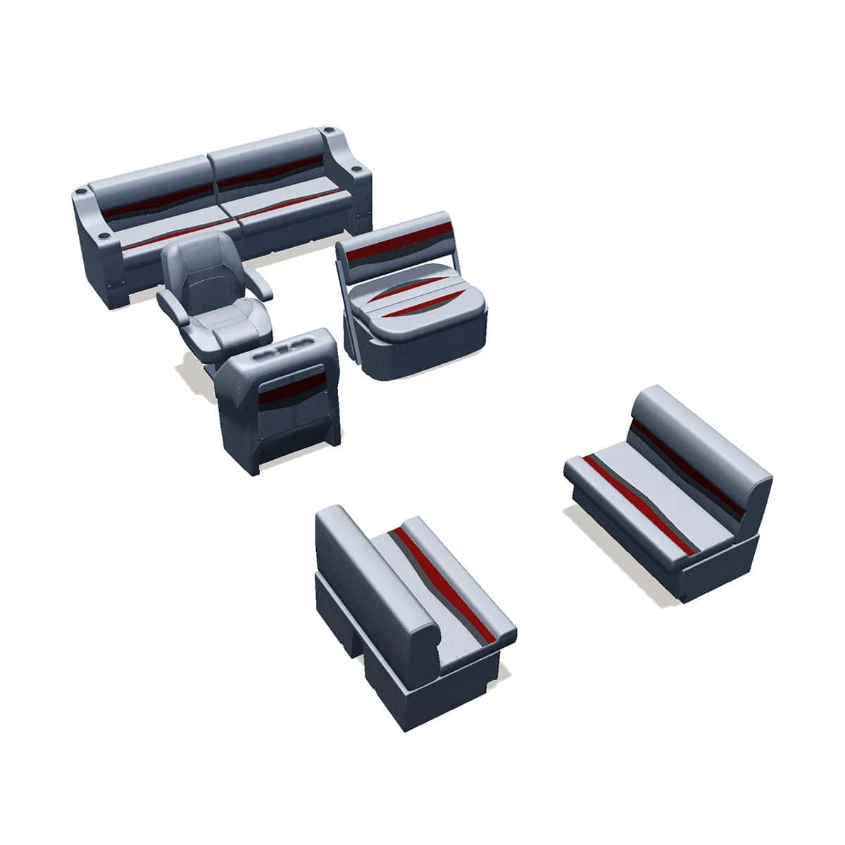 Side entry midship flip flop pontoon seat package with bow double bench #color_gray, red & charcoal
