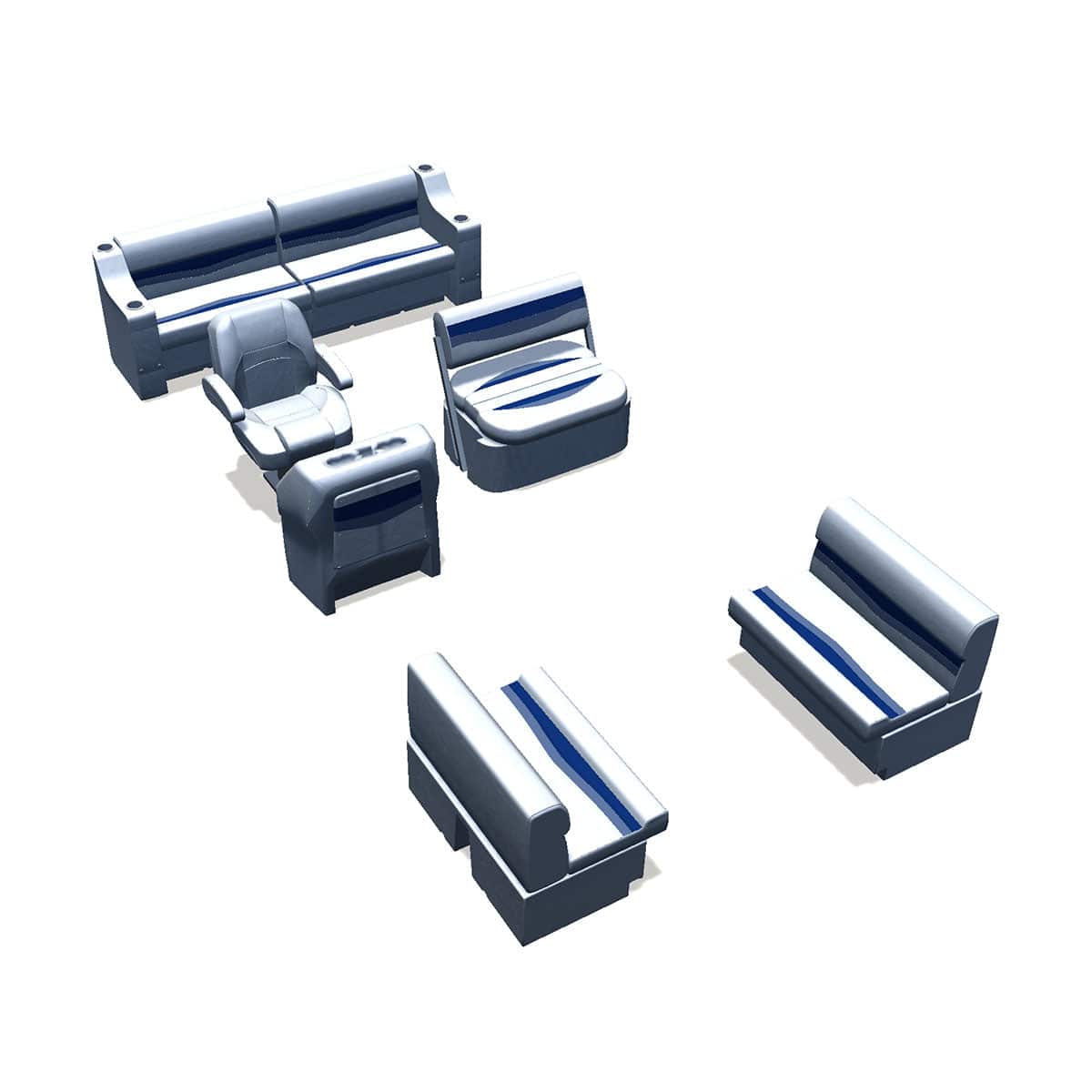 Side entry midship flip flop pontoon seat package with bow double bench #color_white, blue & light blue