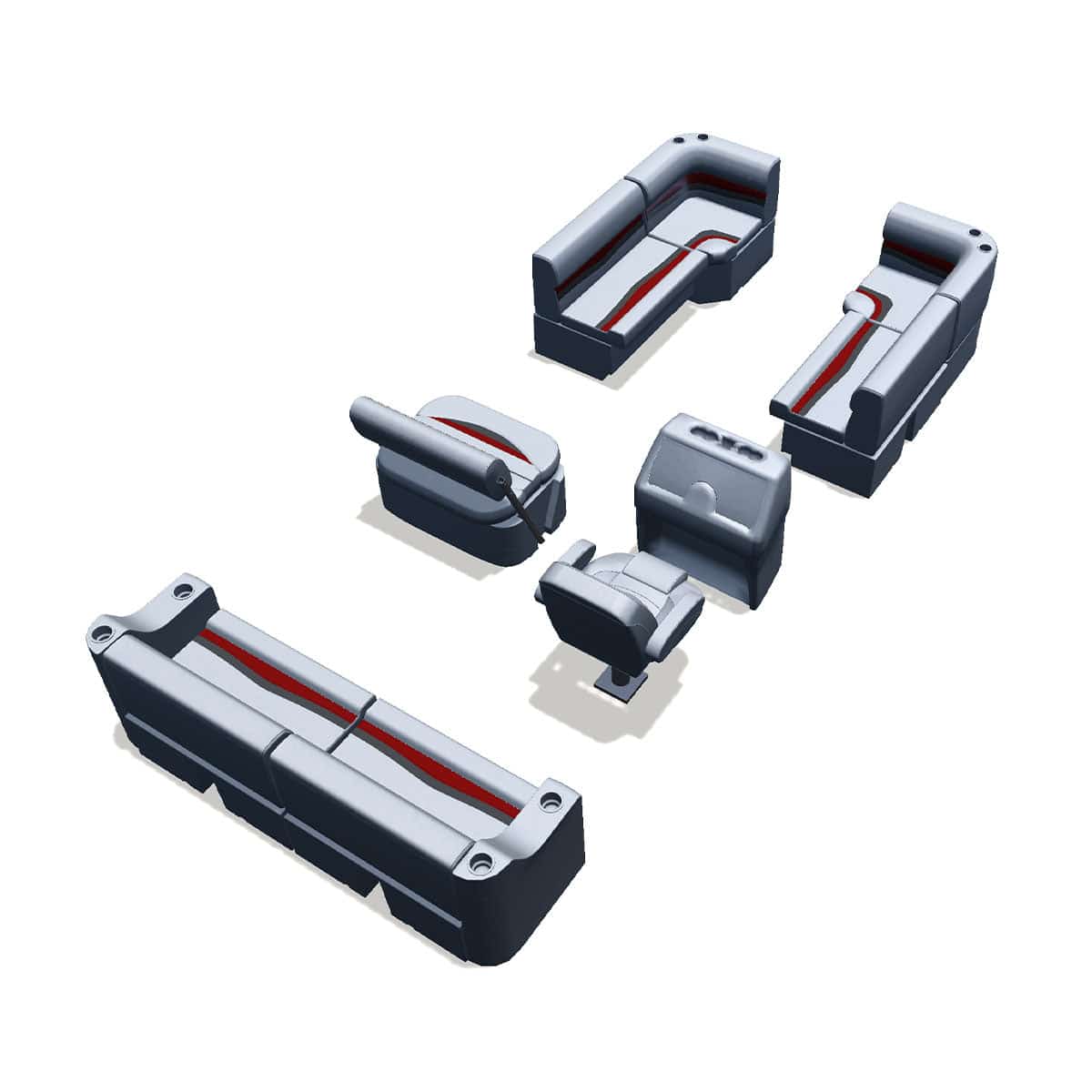 Side Entry midship flip flop pontoon seat package with bow double bench and corner seats back #color_gray, red & charcoal