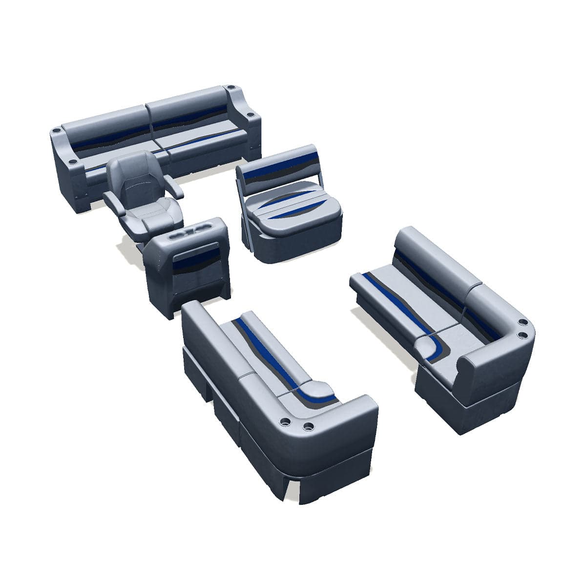 Side Entry midship flip flop pontoon seat package with bow double bench and corner seats #color_gray, blue & charcoal