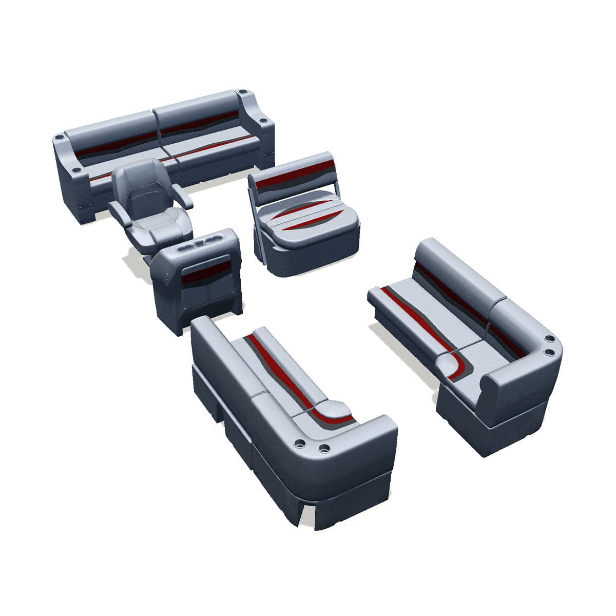 Side Entry midship flip flop pontoon seat package with bow double bench and corner seats #color_gray, red & charcoal