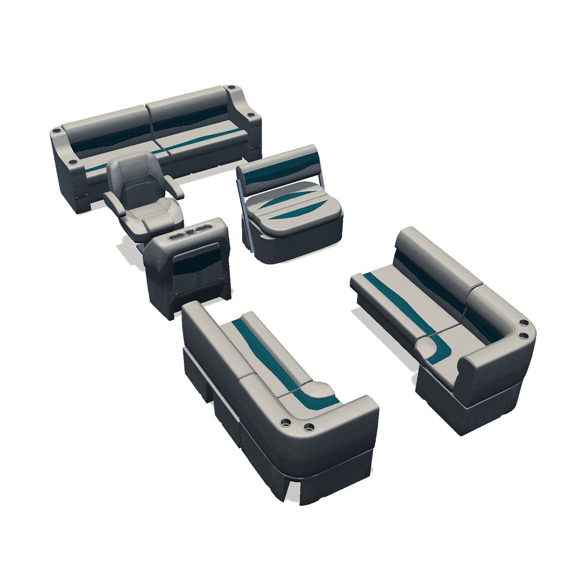 Side Entry midship flip flop pontoon seat package with bow double bench and corner seats #color_ivory & teal
