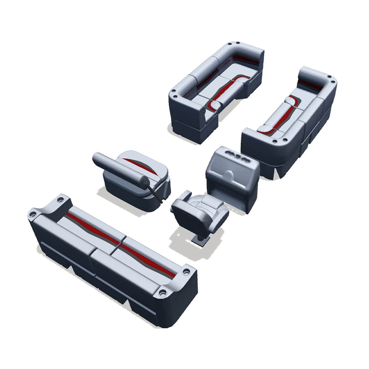 Side entry midship flip flop pontoon seat package with bow double bench and corner seats back #color_gray, red & charcoal