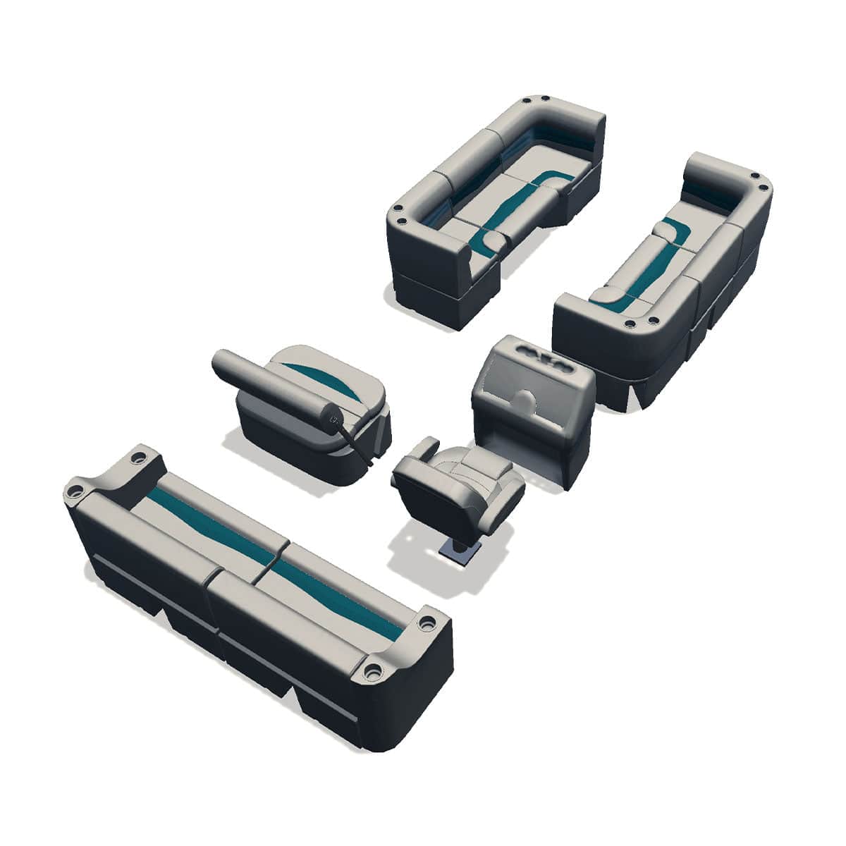 Side entry midship flip flop pontoon seat package with bow double bench and corner seats back #color_ivory & teal