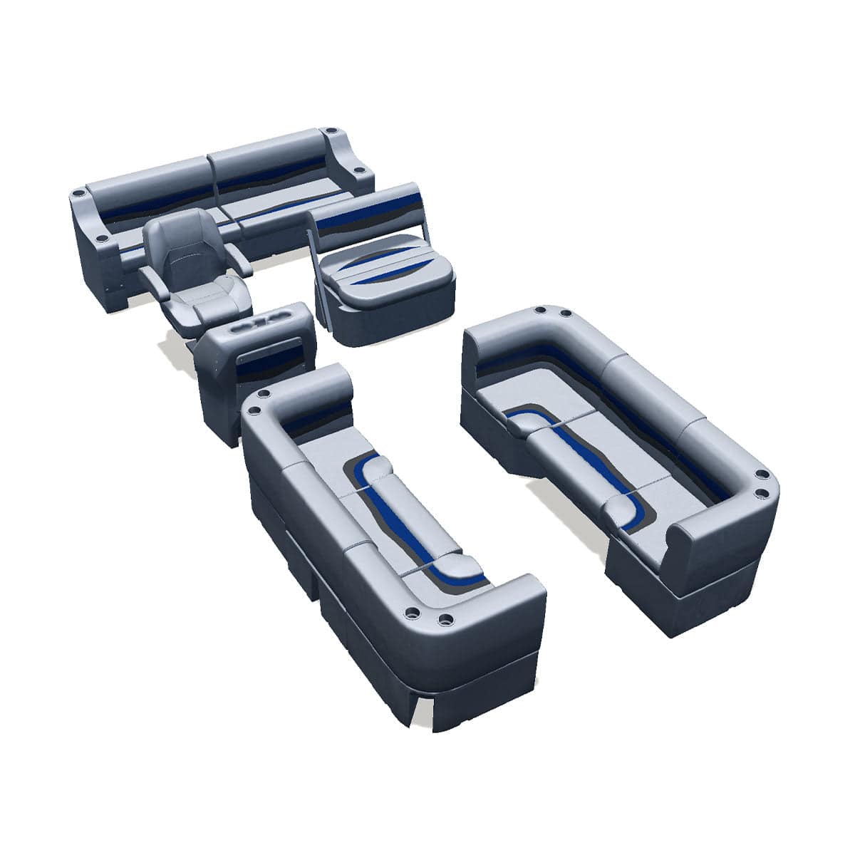 Side entry midship flip flop pontoon seat package with bow double bench and corner seats #color_gray, blue & charcoal