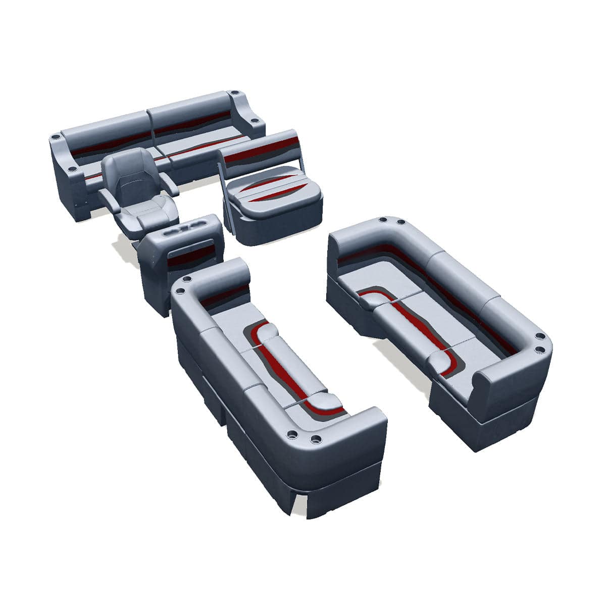 Side entry midship flip flop pontoon seat package with bow double bench and corner seats #color_gray, red & charcoal
