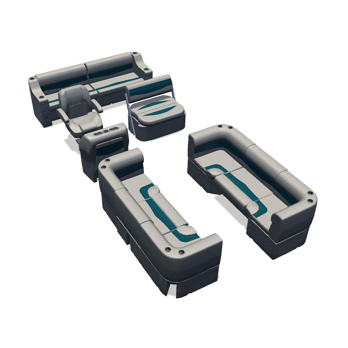 Side entry midship flip flop pontoon seat package with bow double bench and corner seats #color_ivory & teal