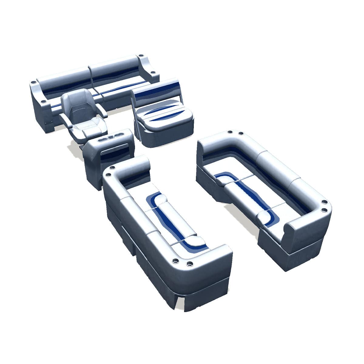 Side entry midship flip flop pontoon seat package with bow double bench and corner seats #color_white, blue & light blue