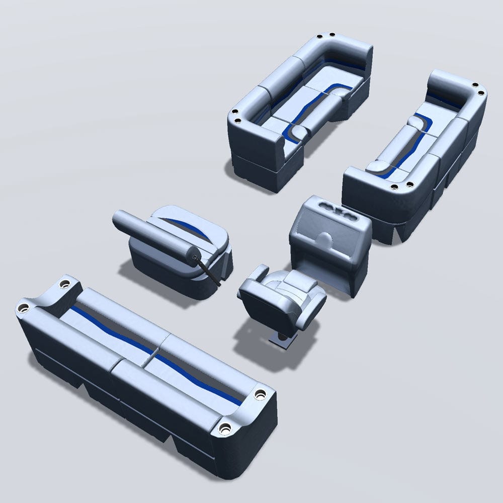 Side entry midship flip flop pontoon seat package with bow double bench and corner seats back #color_gray, blue & charcoal