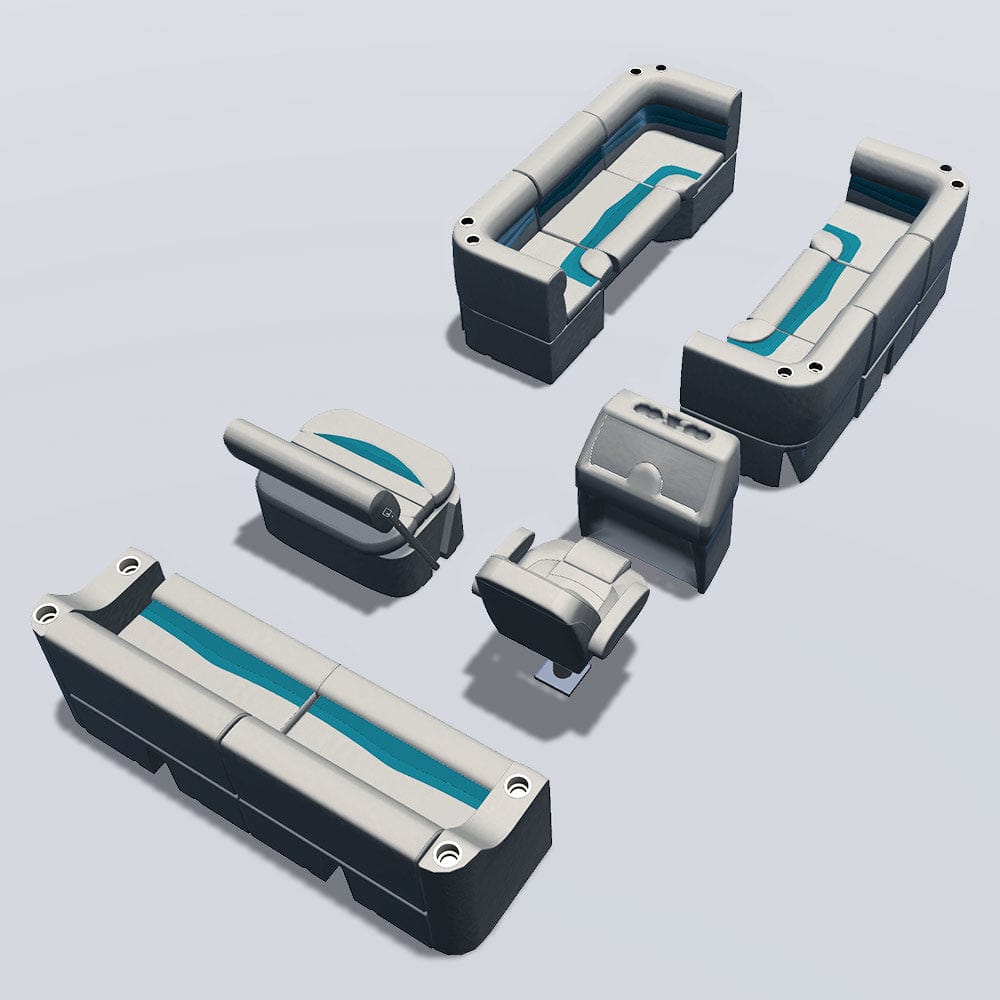Side entry midship flip flop pontoon seat package with bow double bench and corner seats back #color_ivory & teal
