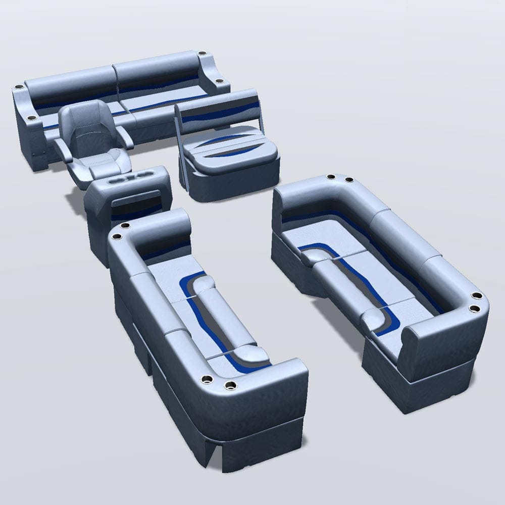 Side entry midship flip flop pontoon seat package with bow double bench and corner seats #color_gray, blue & charcoal